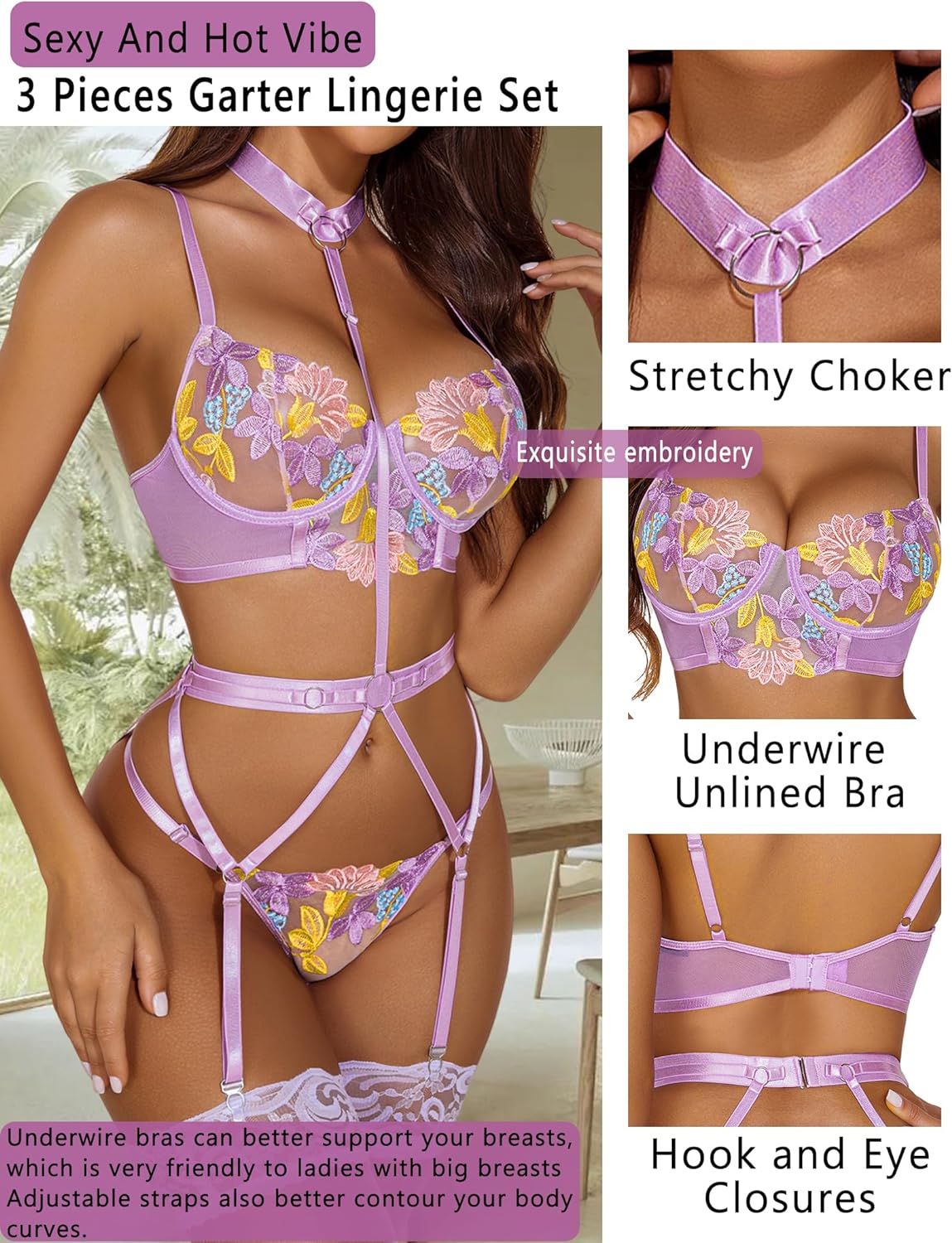 Avidlove Lingerie for Embroidered Lace Underwire Strappy Bra and Panty Set with Removable Garter