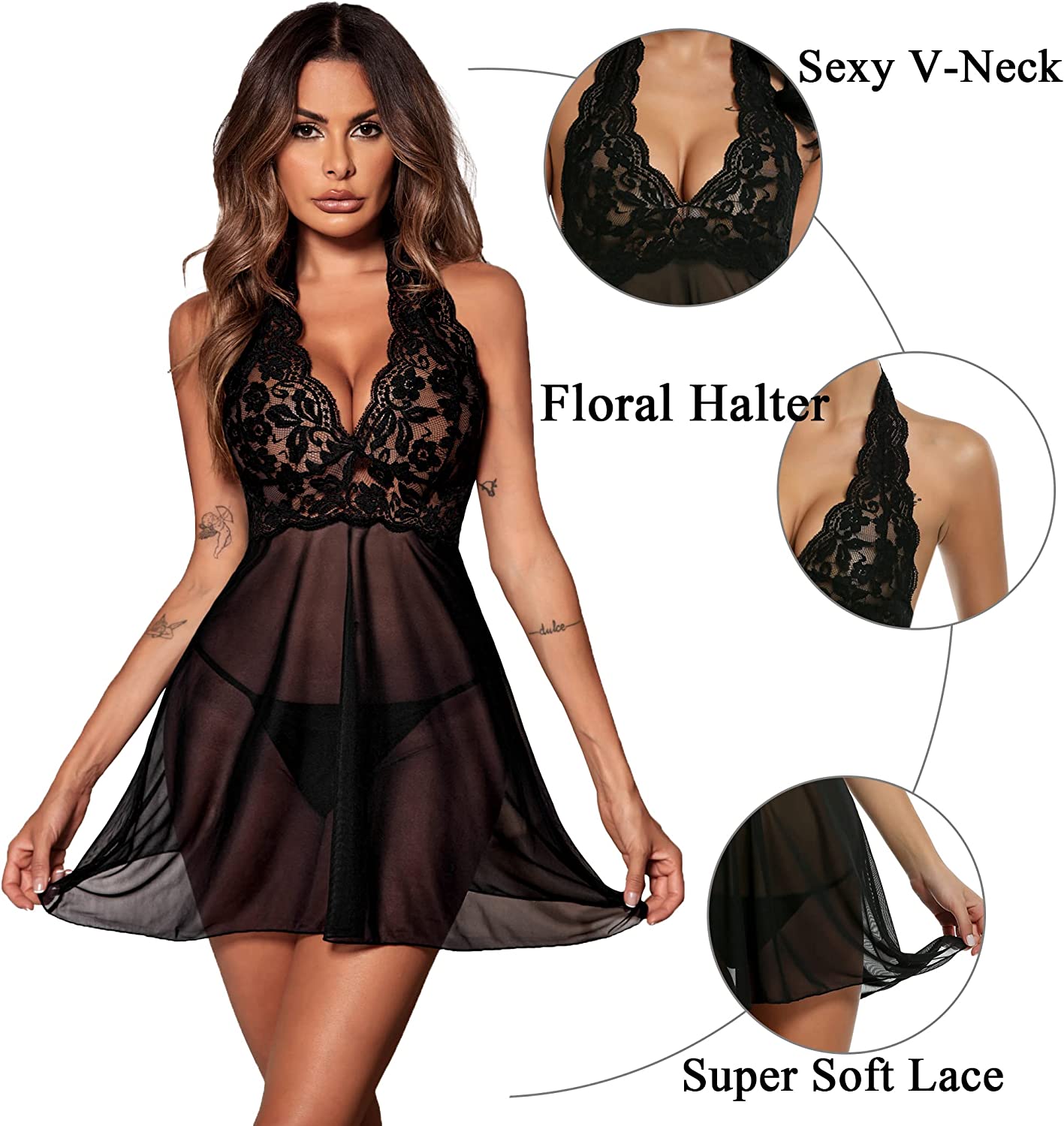 Avidlove Lingerie Halter Chemise Lace Babydoll Mesh Nightwear V Neck Teddy