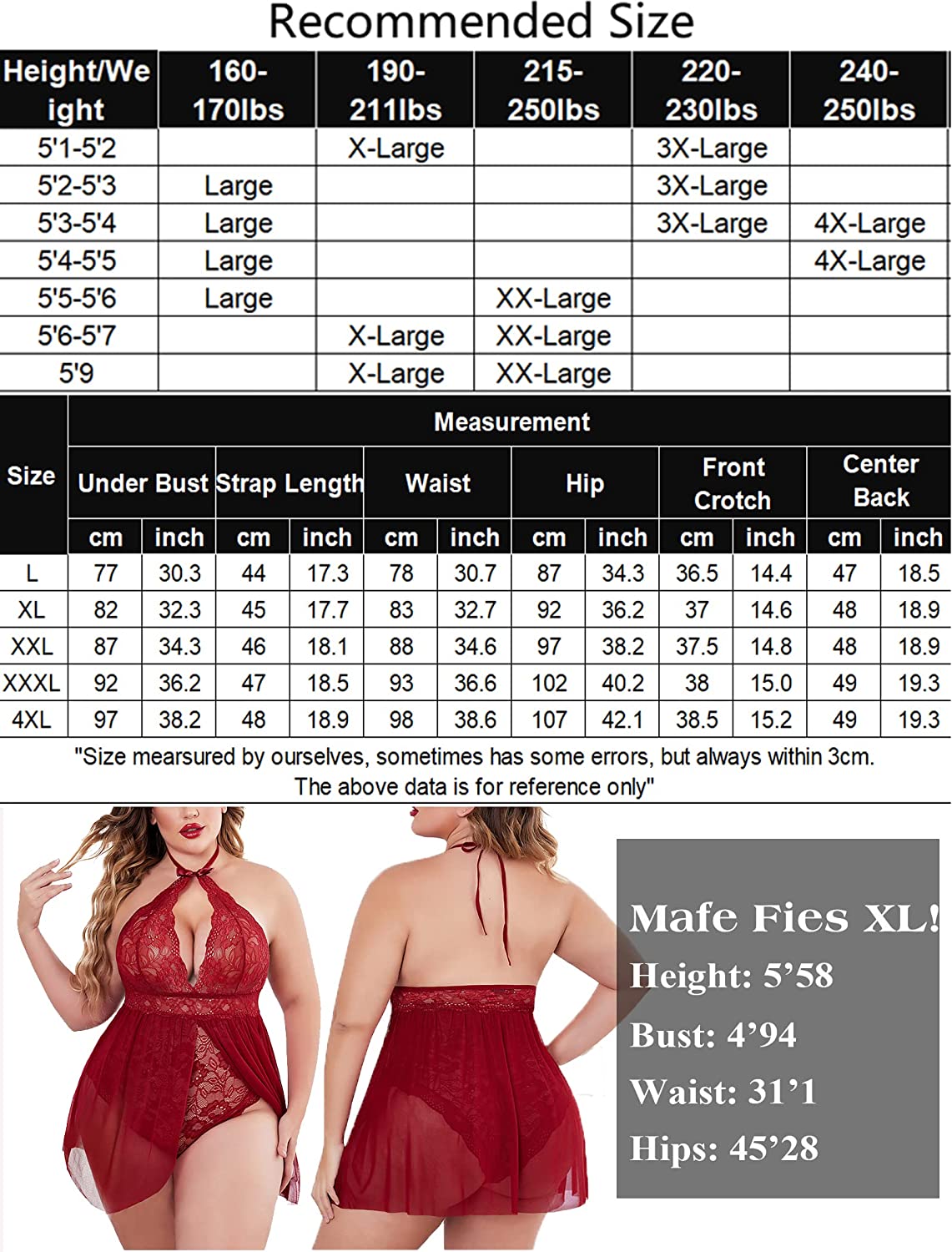 Avidlove Plus Size Babydoll Lingerie for Lace Snap Crotch Nighty With Choker Nightwear Mesh Sleepwear L~4XL