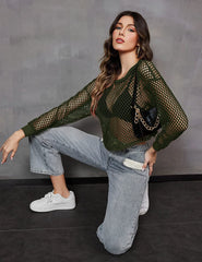 Avidlove Sheer Fishnet Top Long Sleeves Net T Shirts Crop Top