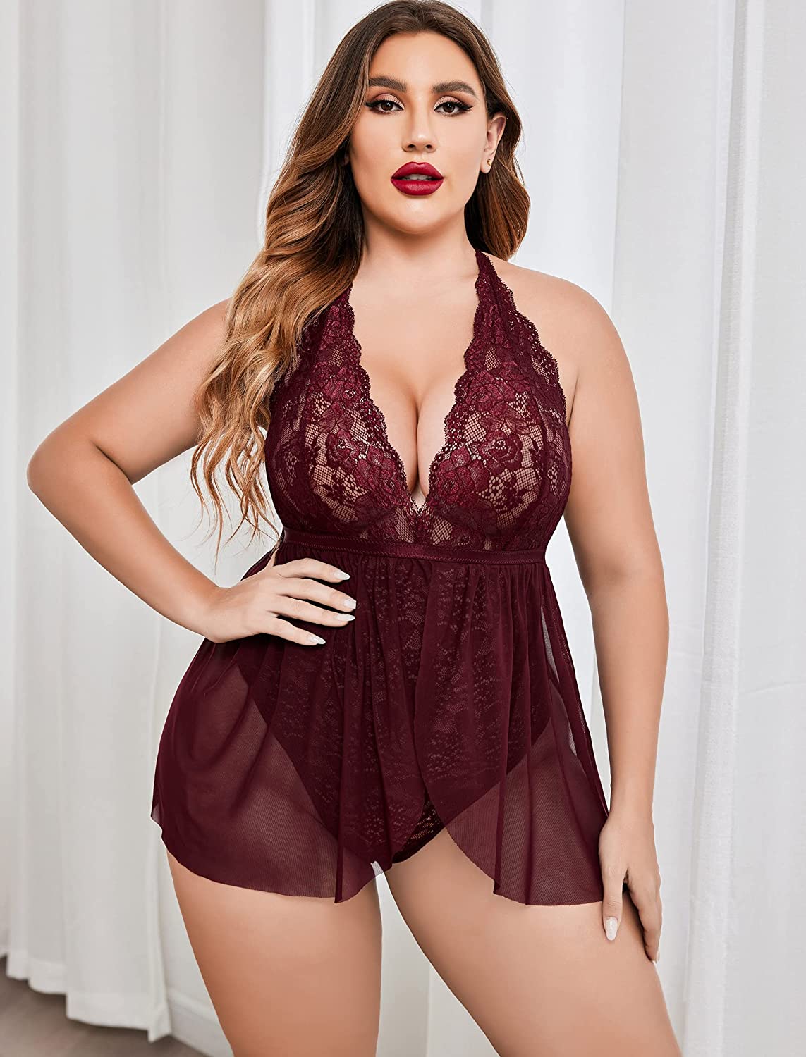 Avidlove Plus Size Babydoll Lingerie Snap Crotch Lace Nighty Halter Plunging Mesh Sleepwear 14-24W