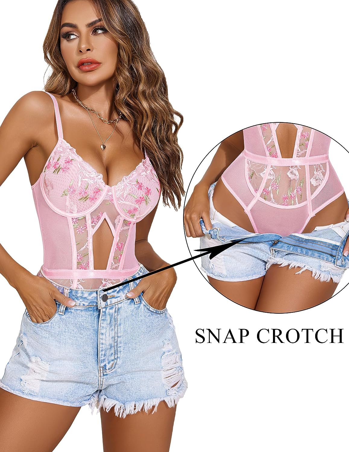 Avidlove Teddy Lingerie for Floral Embroidery Lace Up Bodysuit with Garter Belt Underwire Sleepwear