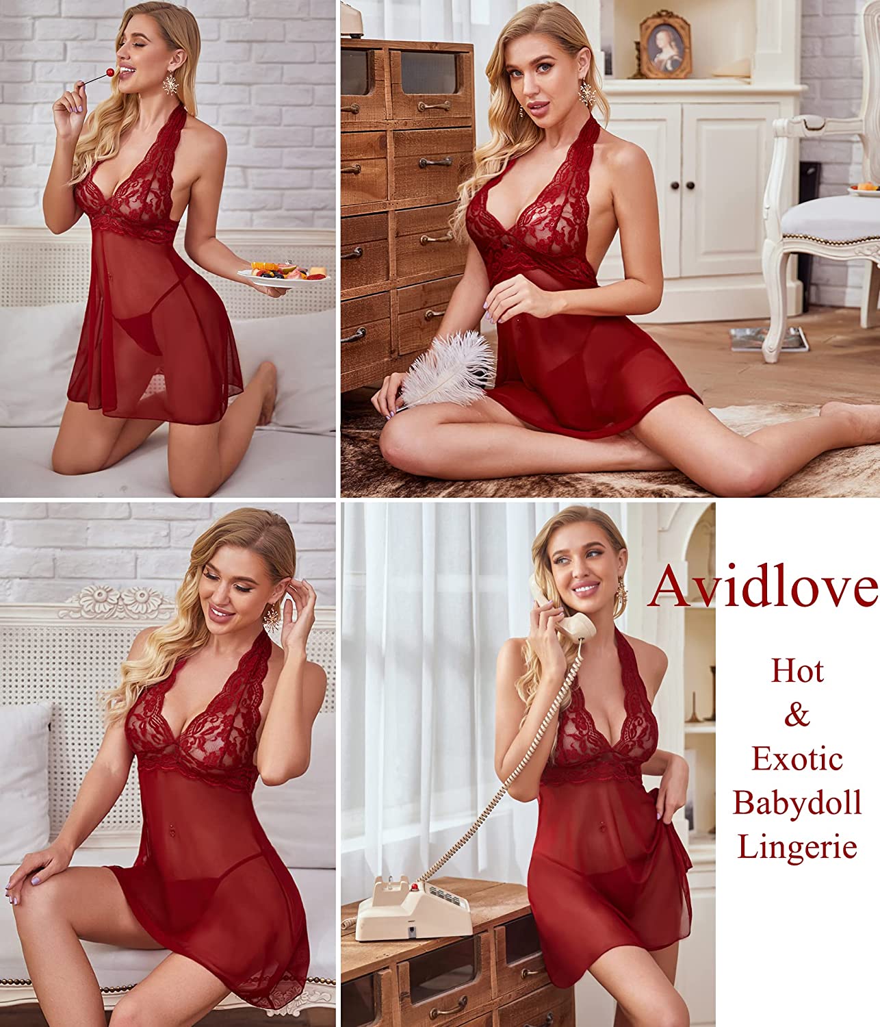 Avidlove Lingerie Halter Chemise Lace Babydoll Mesh Nightwear V Neck Teddy