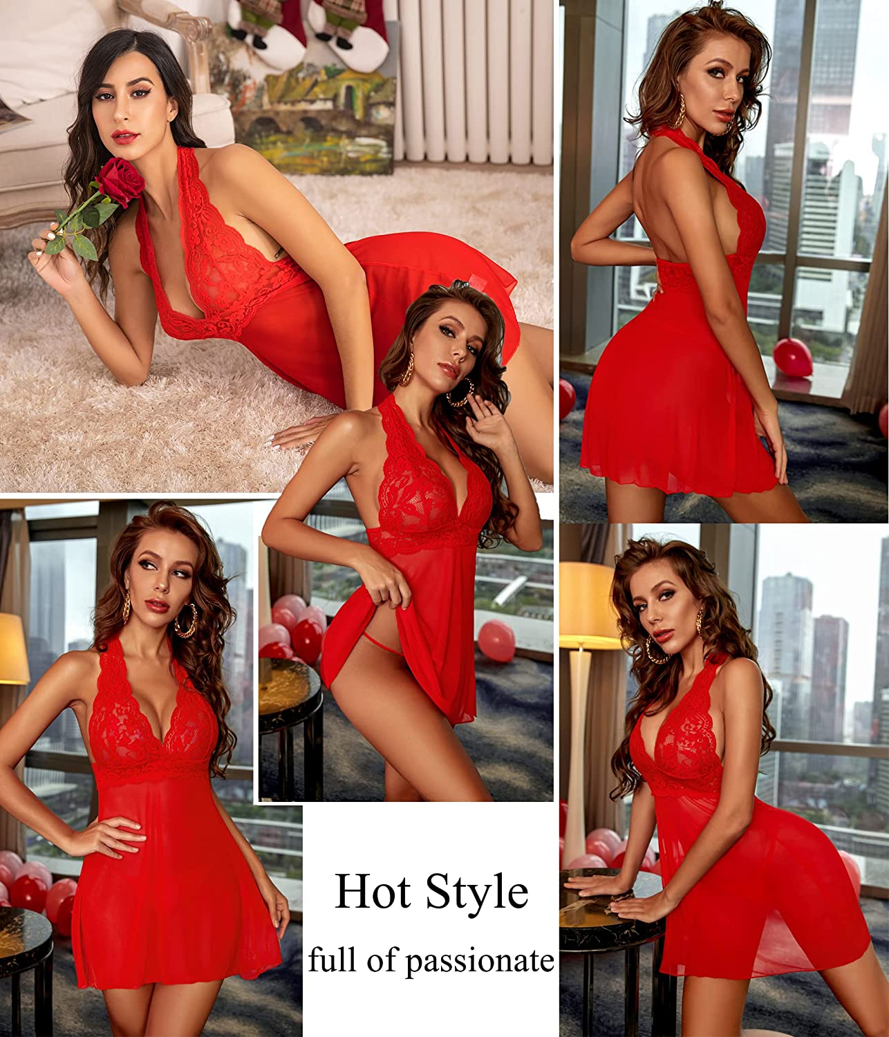 Avidlove Lingerie Halter Chemise Lace Babydoll Mesh Nightwear V Neck Teddy