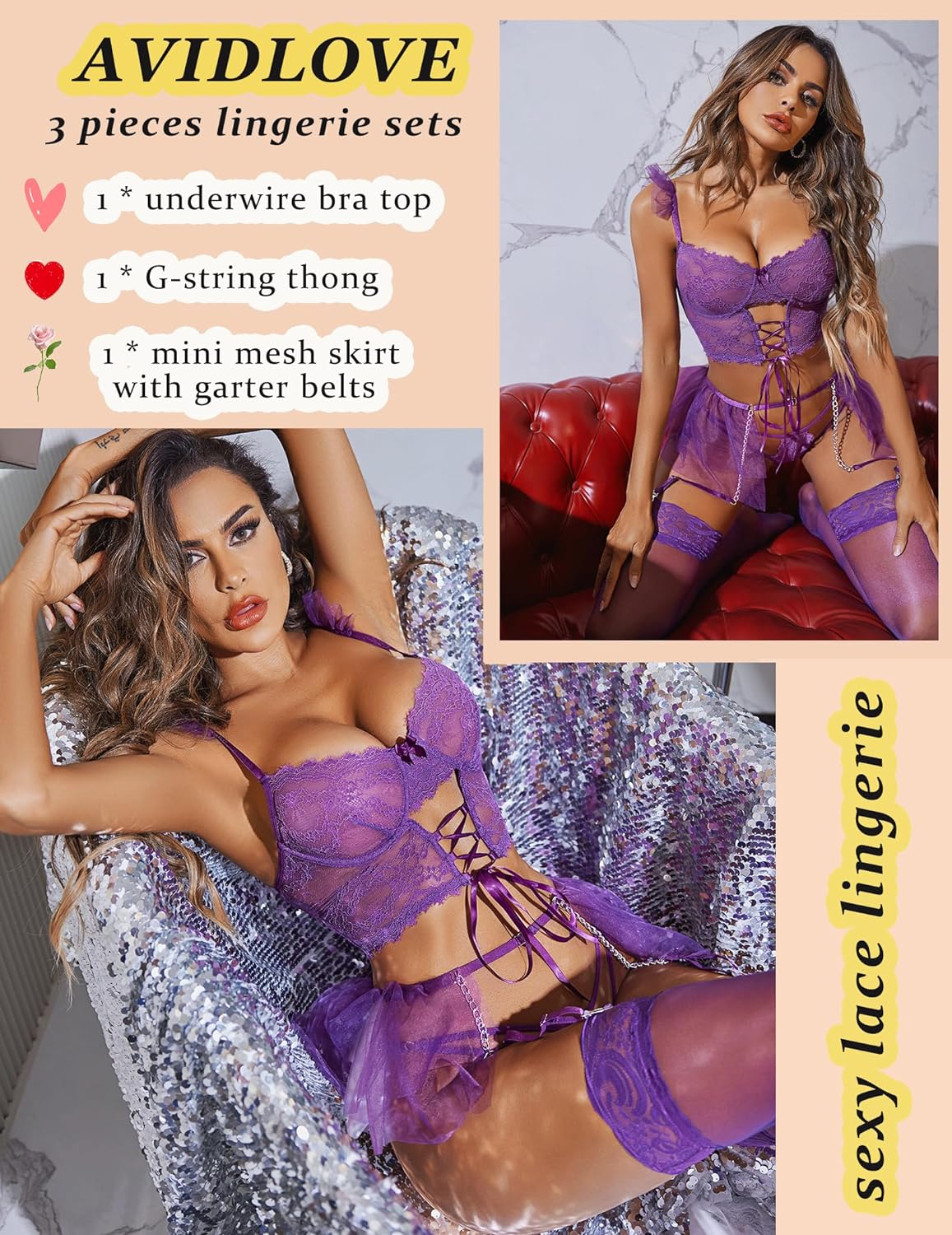 Avidlove Lingerie Sets Garter Sets 3 Piece Underwire Bra and Panty Sets With Mesh Mini Skirts S-XXL