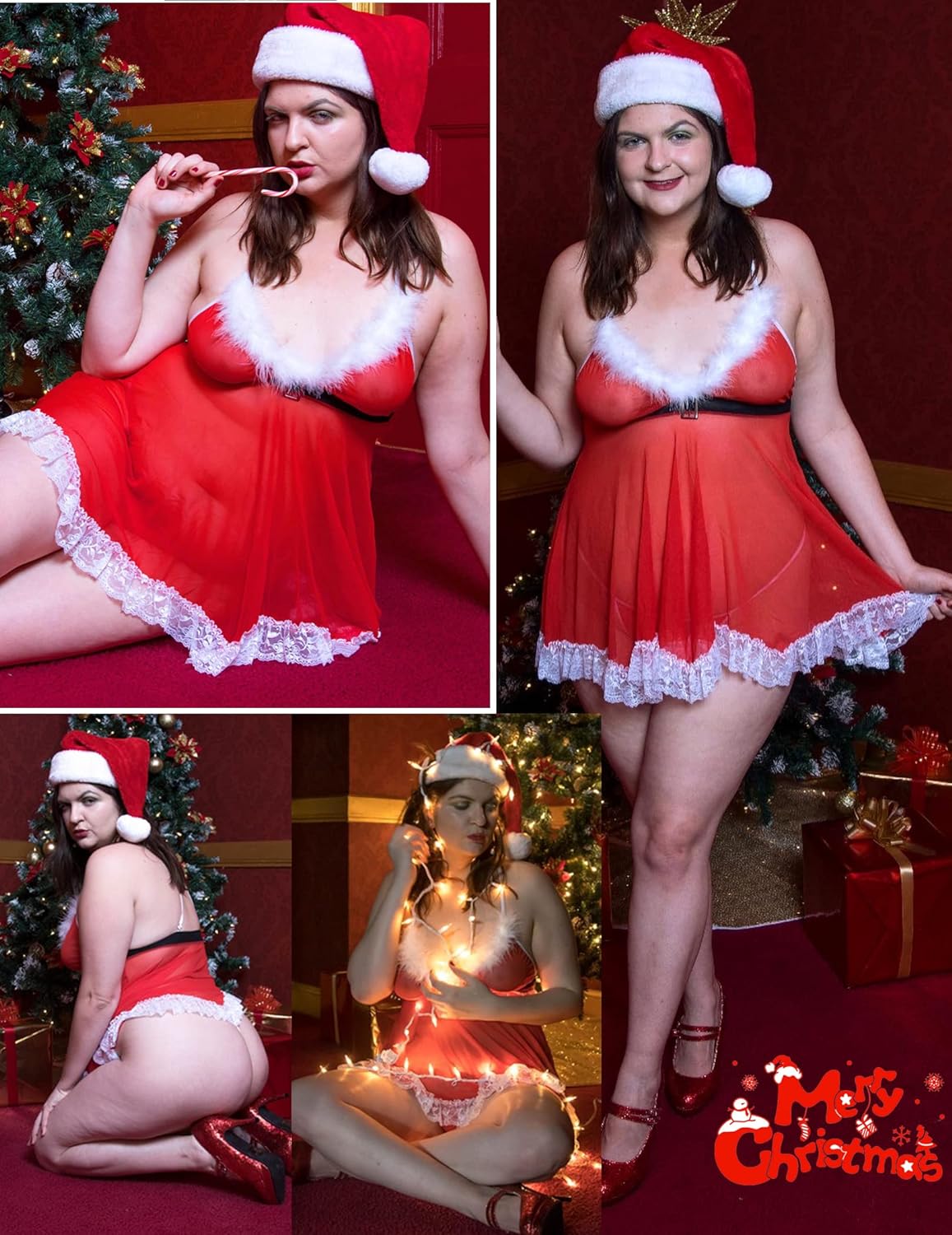 Avidlove Plus Size Christmas Lingerie Set Santa Chemises Babydoll Mesh Nightwear