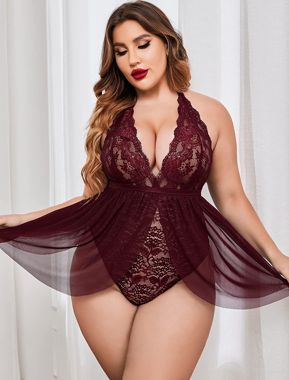 Avidlove Plus Size Babydoll Lingerie Snap Crotch Lace Nighty Halter Plunging Mesh Sleepwear 14-24W