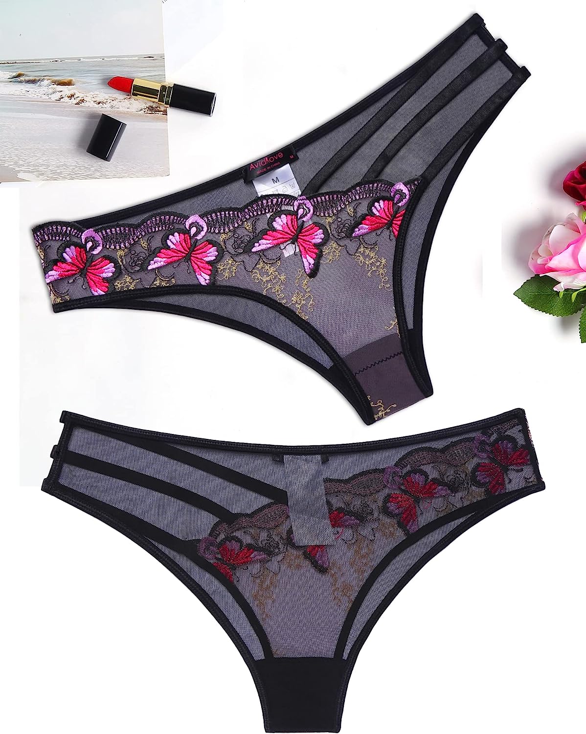 Avidlove Panties for Butterfly Embroidered Underwear Mesh Panties Pack