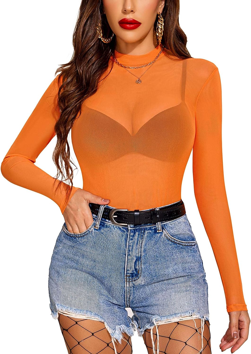 Avidlove Mesh Top Mesh Crop Top for Long Sleeve Mock Neck S-XXL