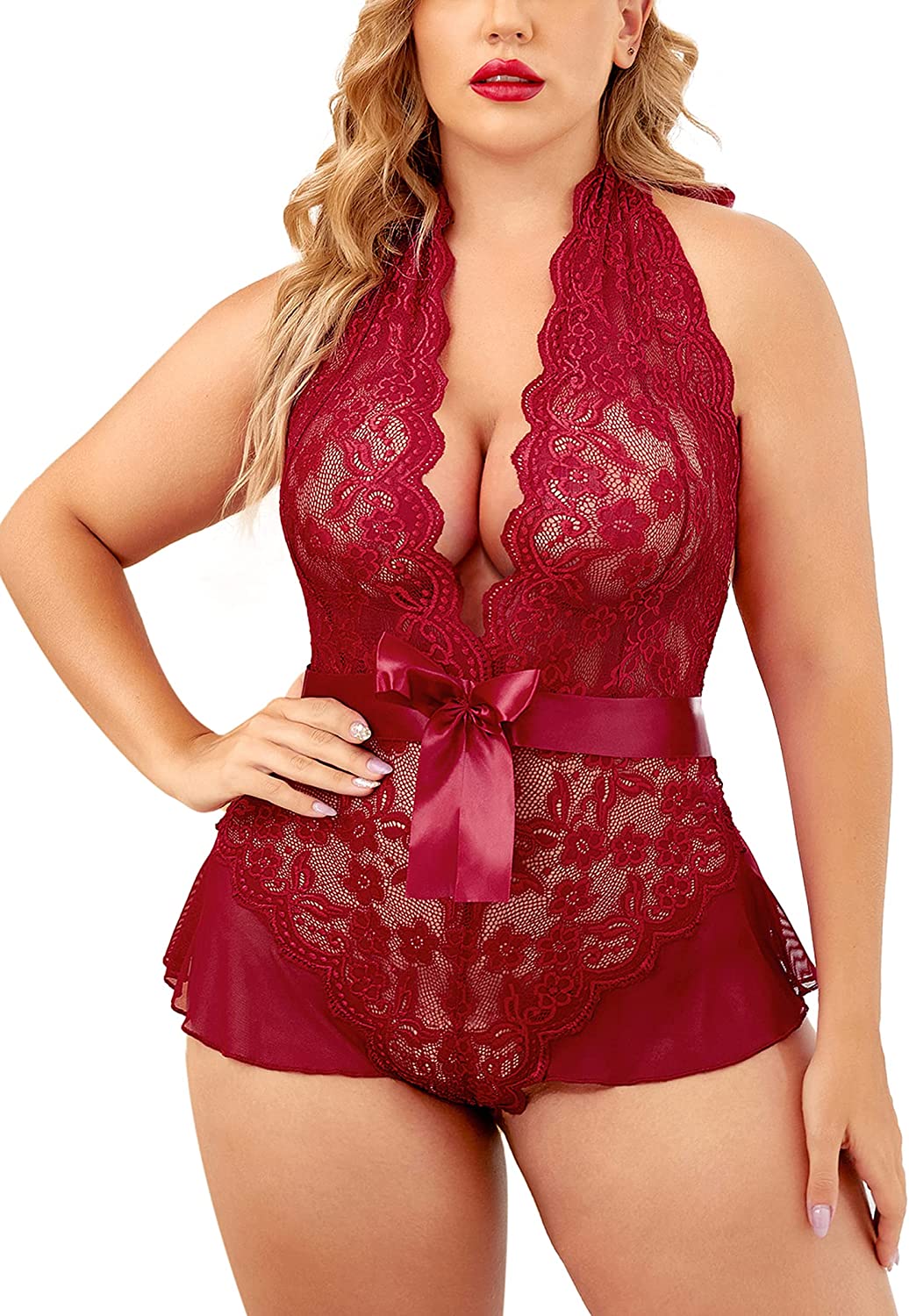 Avidlove Plus Size Lingerie for Deep V Neck Teddy Lingerie Halter Lace Bodysuit Babydoll