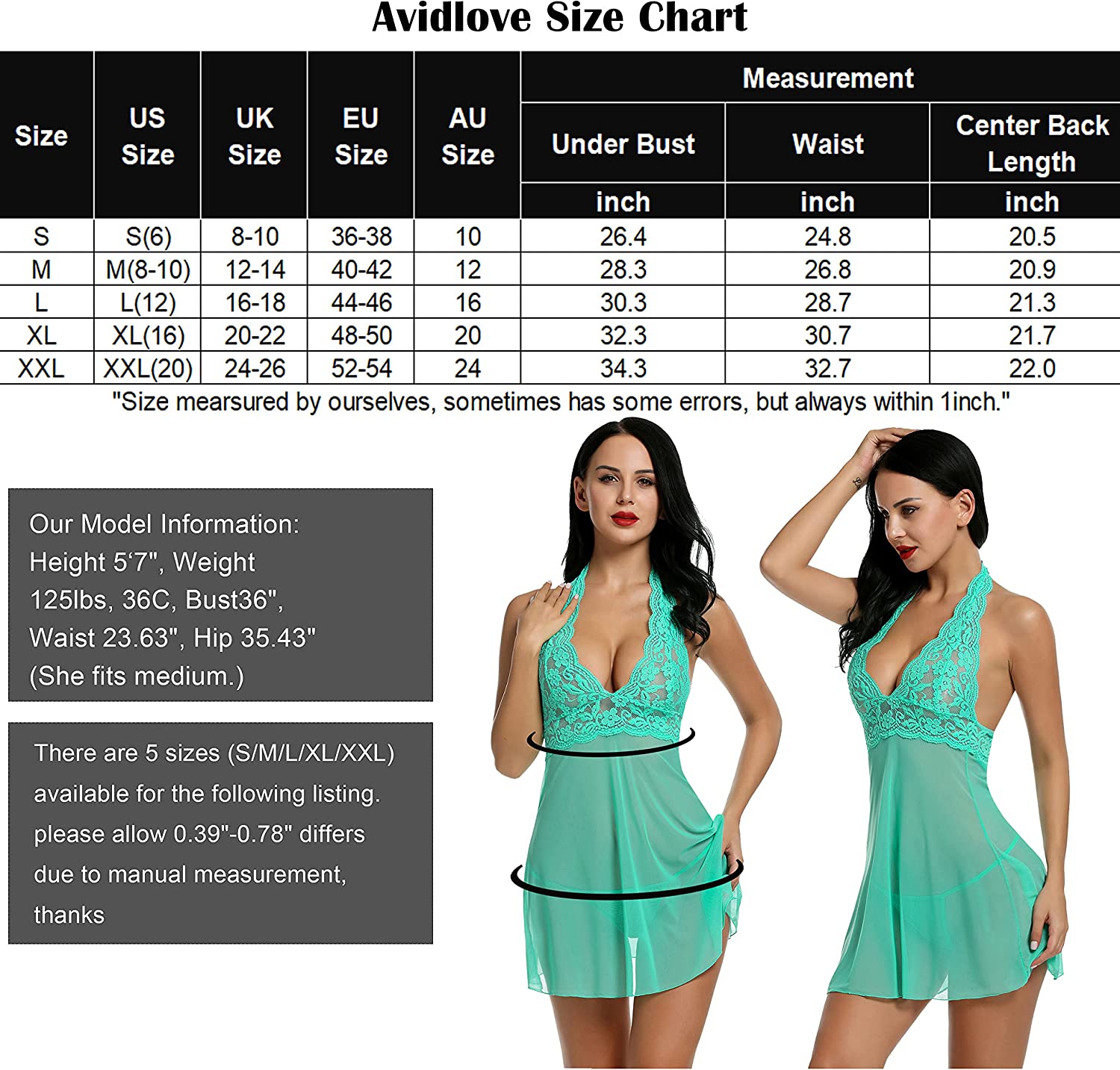 Avidlove Lingerie Halter Chemise Lace Babydoll Mesh Nightwear V Neck Teddy