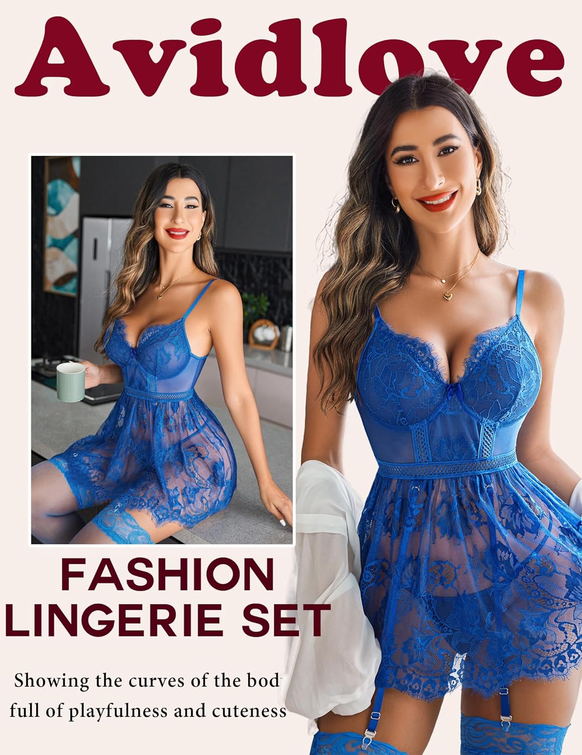 Avidlove Lingerie for Lace babydoll Sleepwear with Garter Belt Slip Dress S-XXL