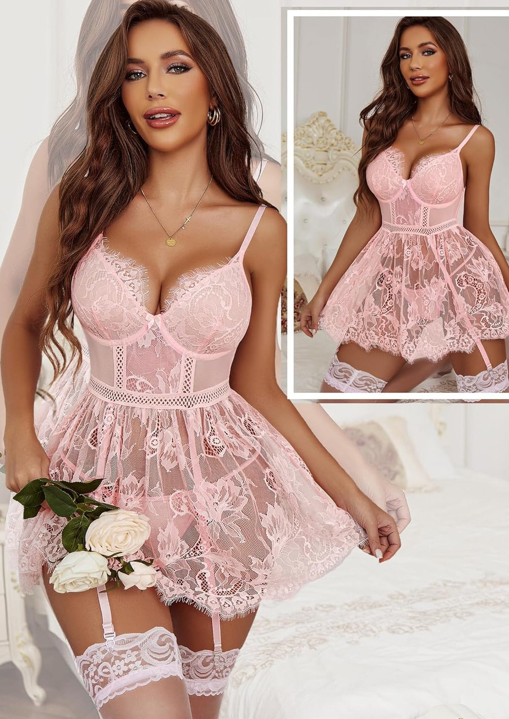 Avidlove Lingerie for Lace babydoll Sleepwear with Garter Belt Slip Dress S-XXL