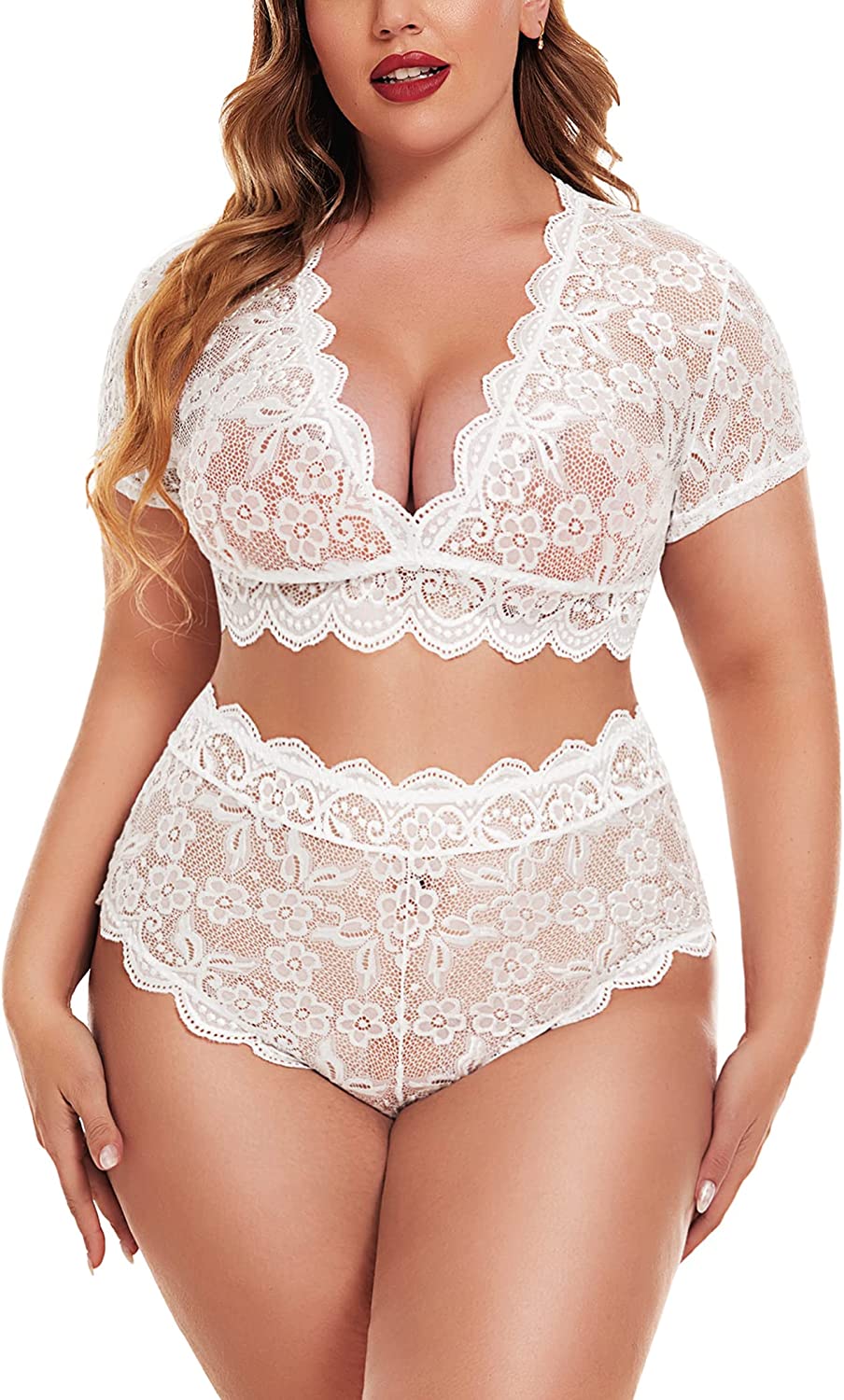 Avidlove Plus Size Lingerie Plus Floral Lace Scallop Trim Lingerie Set Deep V Allover Lace Bra Panties Set Clubwear