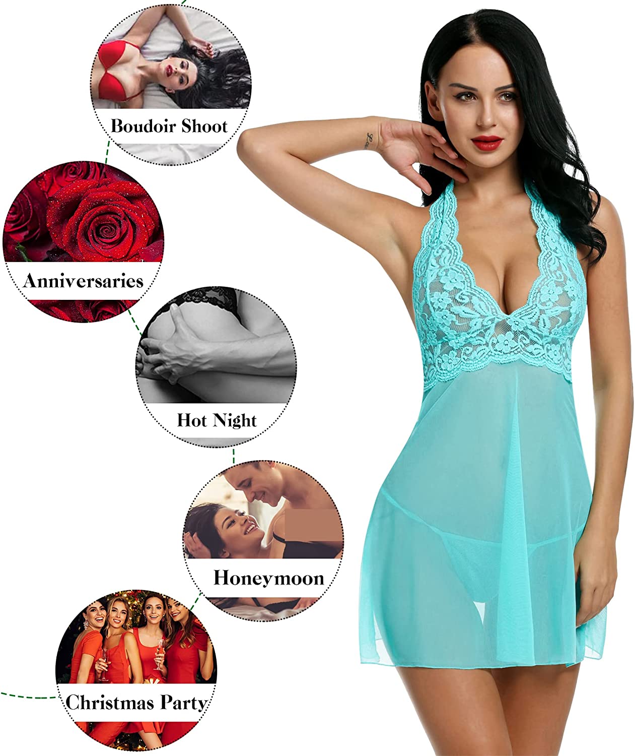 Avidlove Lingerie Halter Chemise Lace Babydoll Mesh Nightwear V Neck Teddy