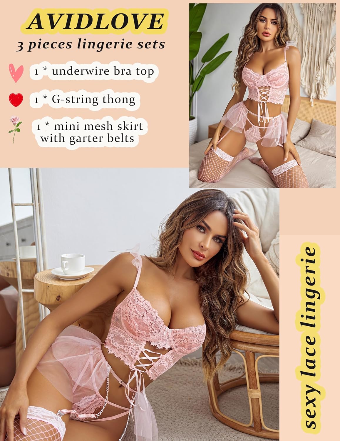 Avidlove Lingerie Sets Garter Sets 3 Piece Underwire Bra and Panty Sets With Mesh Mini Skirts S-XXL