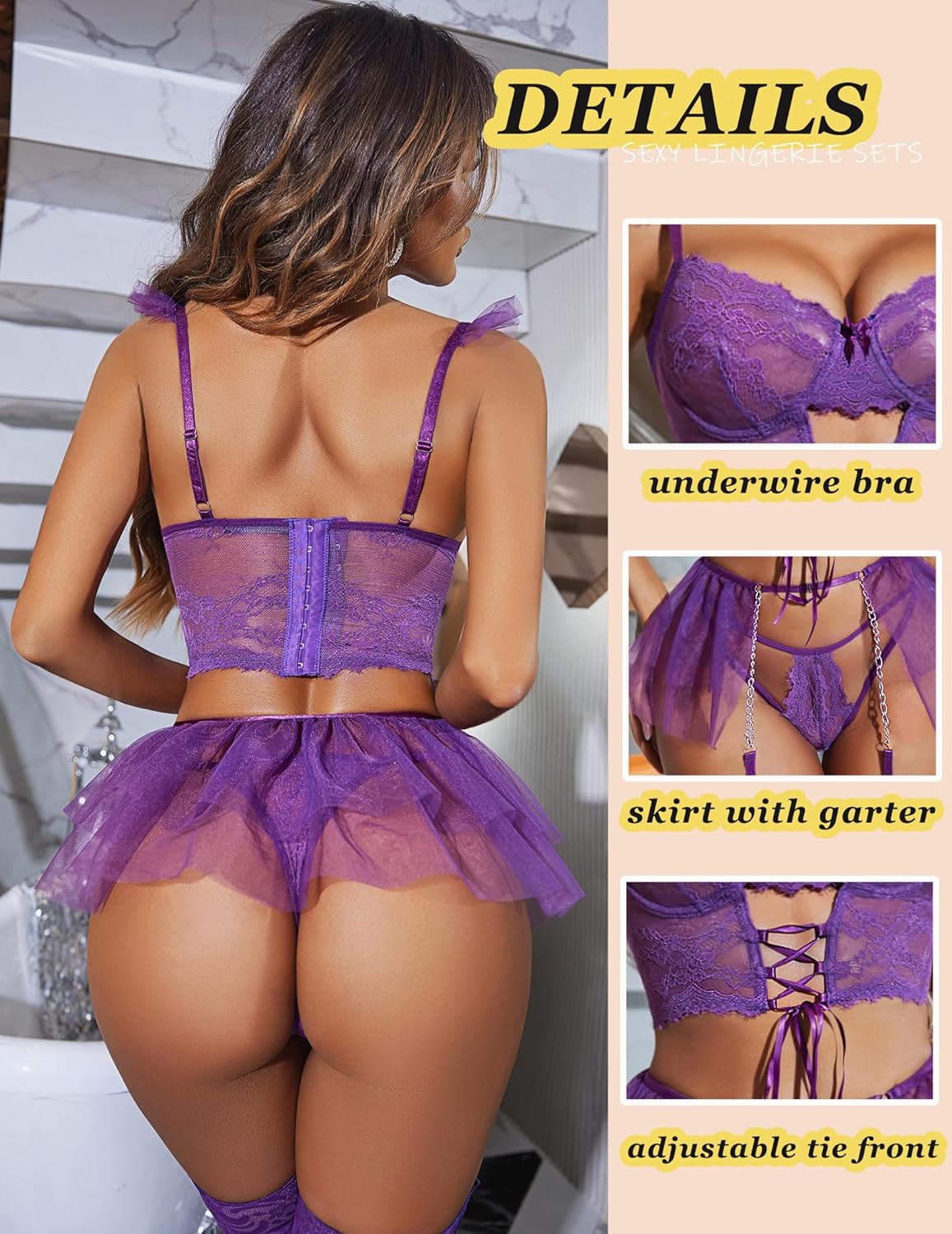 Avidlove Lingerie Sets Garter Sets 3 Piece Underwire Bra and Panty Sets With Mesh Mini Skirts S-XXL