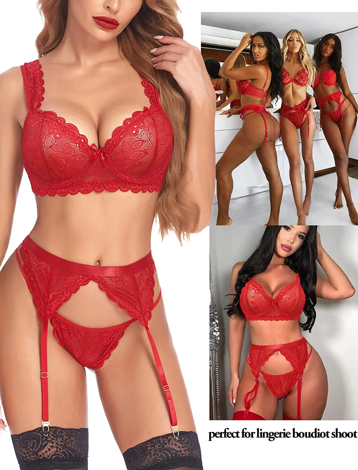 Avidlove Lace Garter Lingerie Set with Underwire Push Up Lingerie Set (No Stockings)