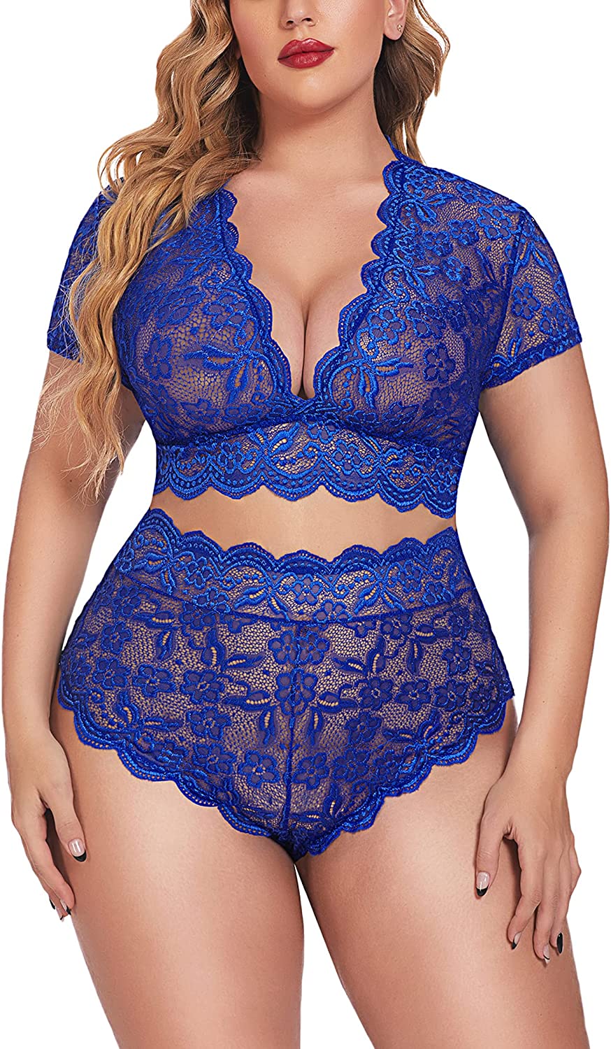 Avidlove Plus Size Lingerie Plus Floral Lace Scallop Trim Lingerie Set Deep V Allover Lace Bra Panties Set Clubwear