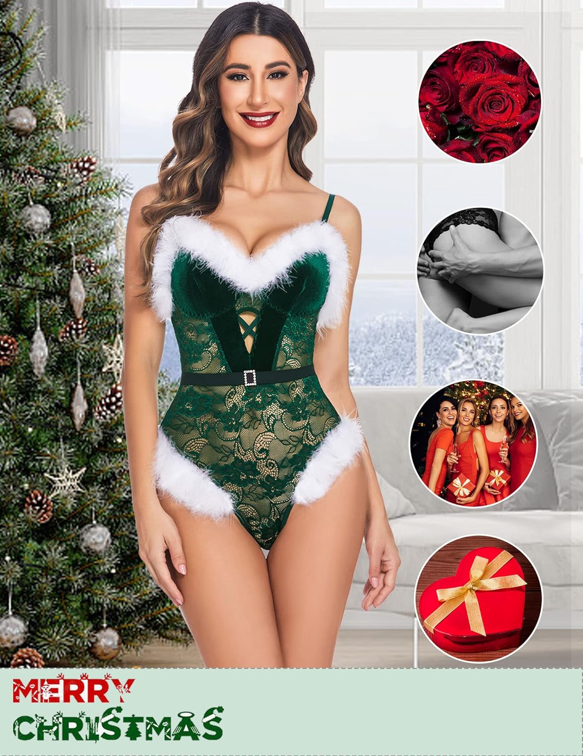 Avidlove Christmas Lingerie Santa Teddy Bodysuit Contrast Velvet Lace Lingerie