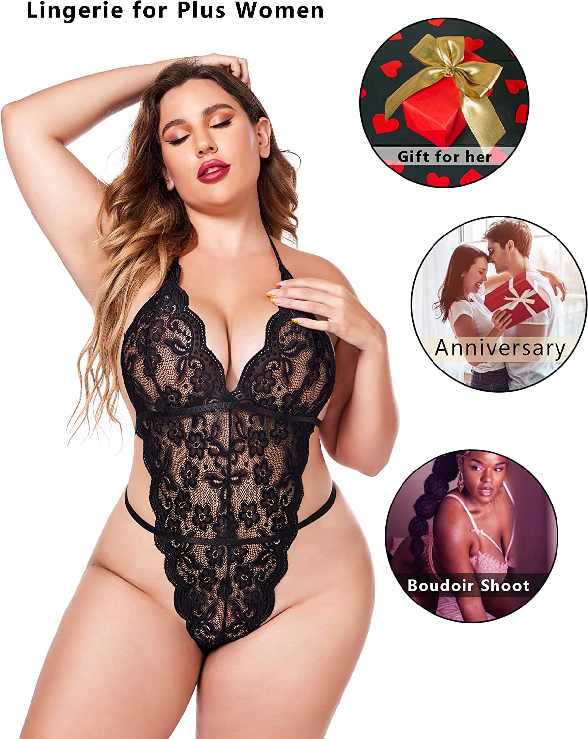 Avidlove Plus Size Lingerie for One Piece Teddy Bodysuit Halter Lingerie