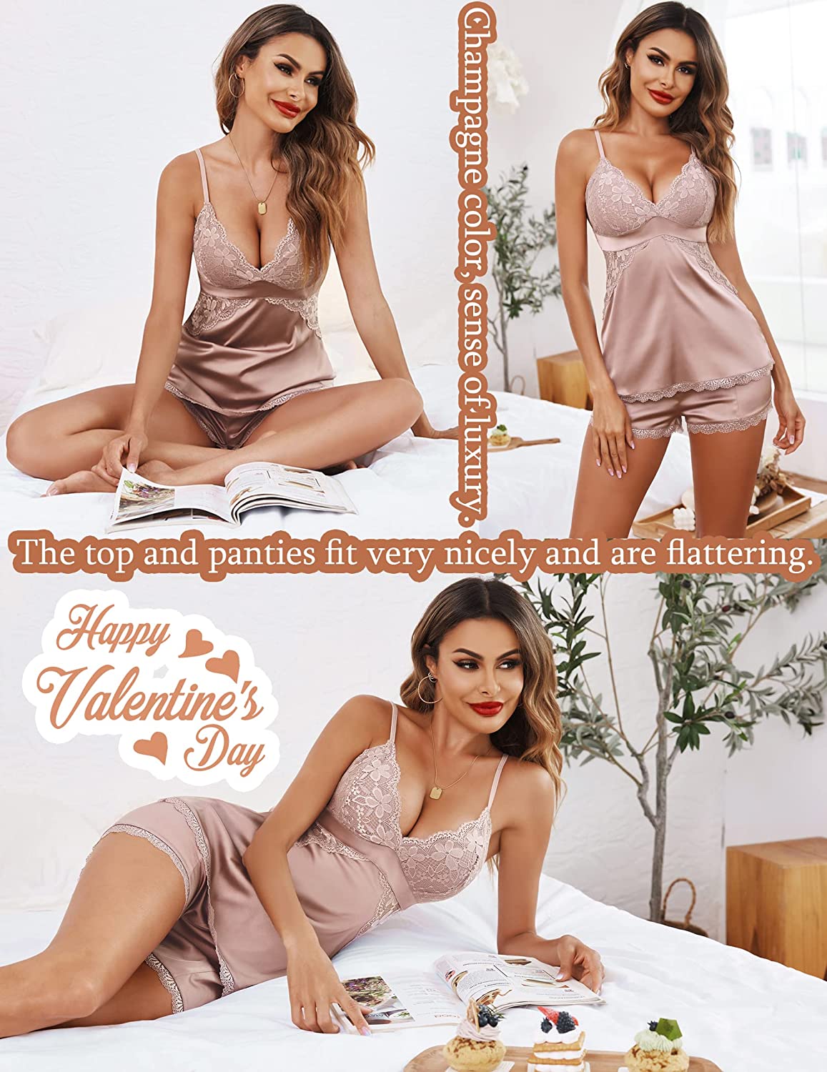 Avidlove Sleepwear Satin Pajamas Set Lace Camisole Shorts Nightwear