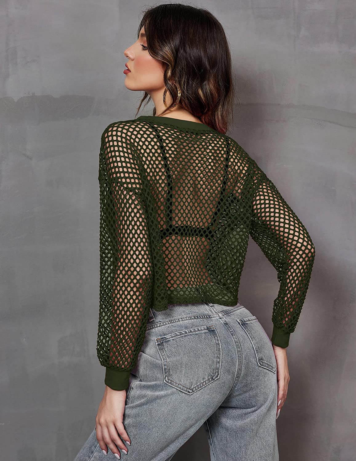 Avidlove Sheer Fishnet Top Long Sleeves Net T Shirts Crop Top