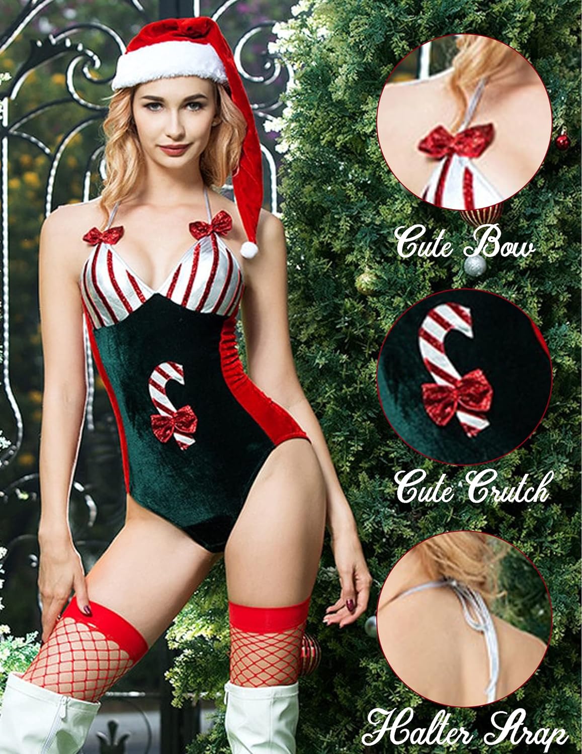 Avidlove Christmas Lingerie Santa Teddy V Neck Halter Costumes Lingerie Velvet Bodysuit