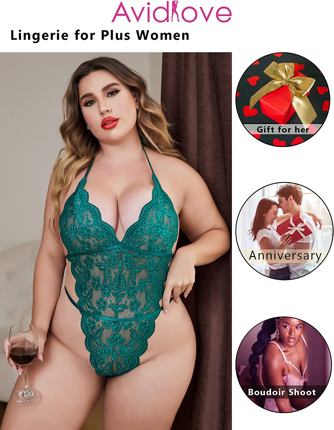 Avidlove Plus Size Lingerie for One Piece Teddy Bodysuit Halter Lingerie