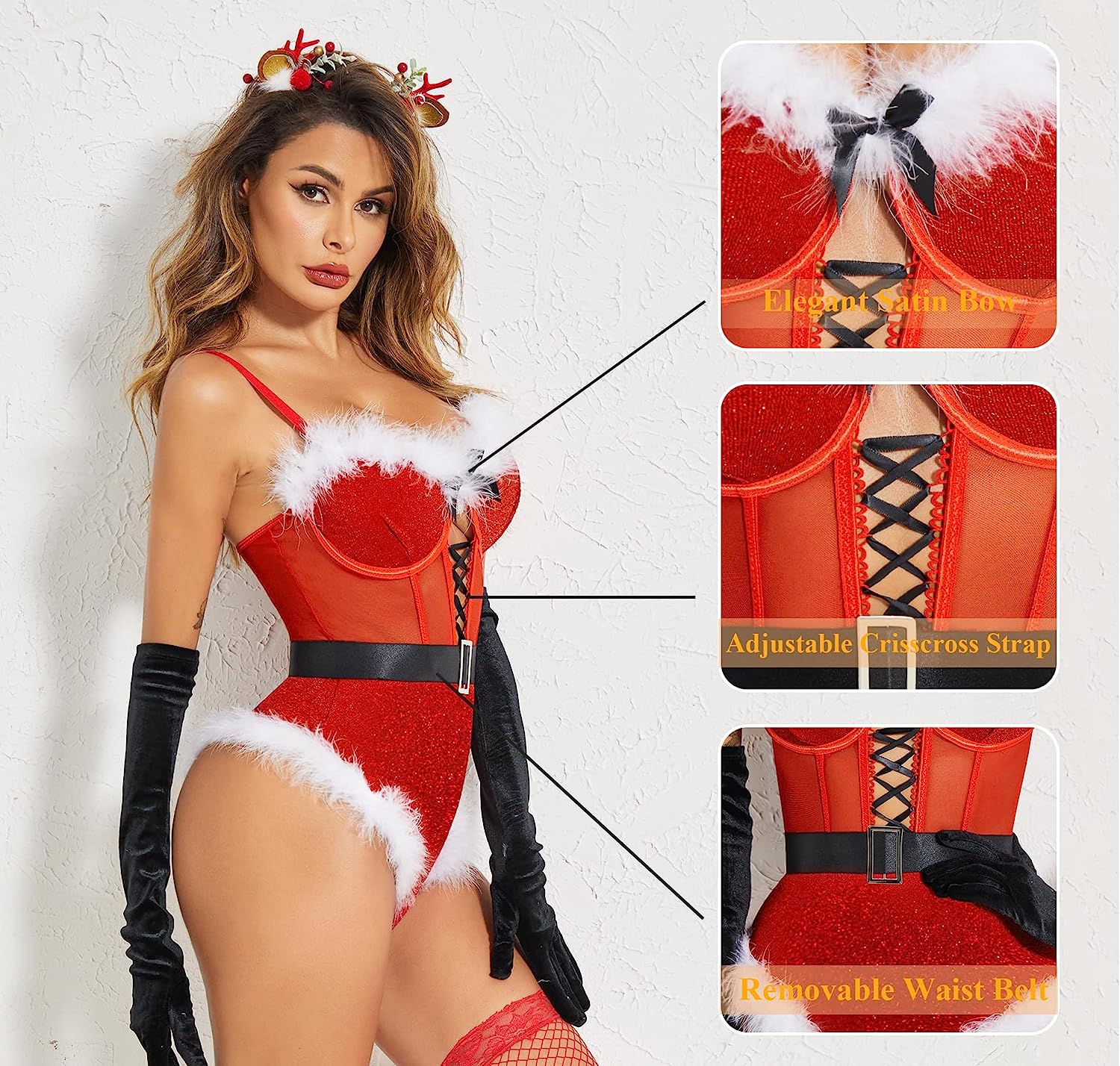 Avidlove Lingerie For Snap Crotch Bodysuit Santa Costumes Deep V Boudior Outfits With Underwire and Belt