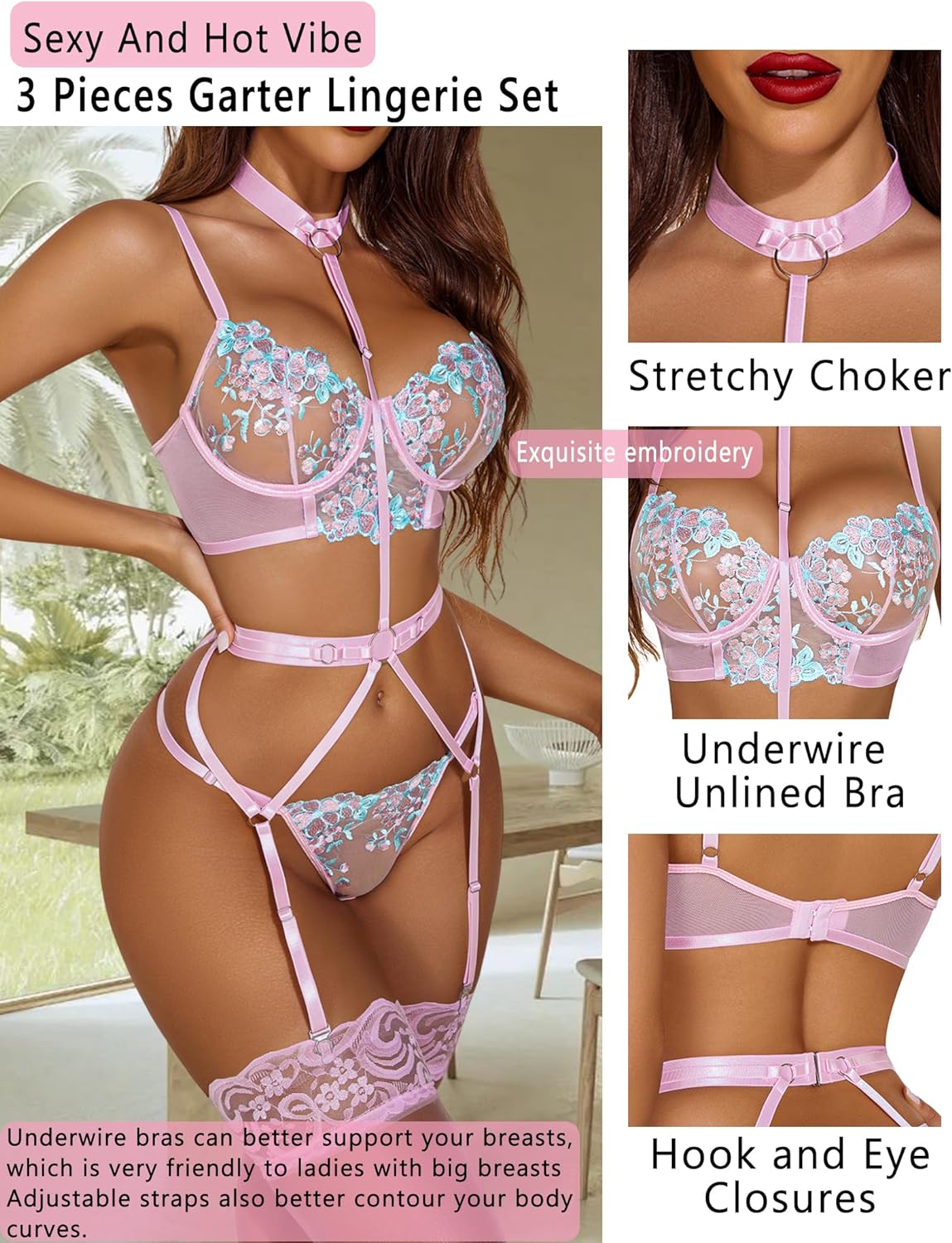 Avidlove Lingerie for Embroidered Lace Underwire Strappy Bra and Panty Set with Removable Garter