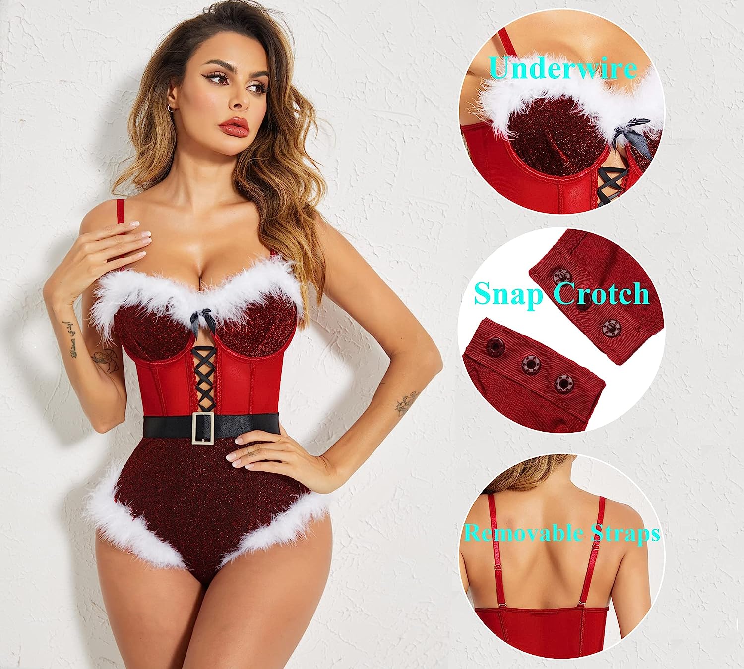 Avidlove Lingerie For Snap Crotch Bodysuit Santa Costumes Deep V Boudior Outfits With Underwire and Belt