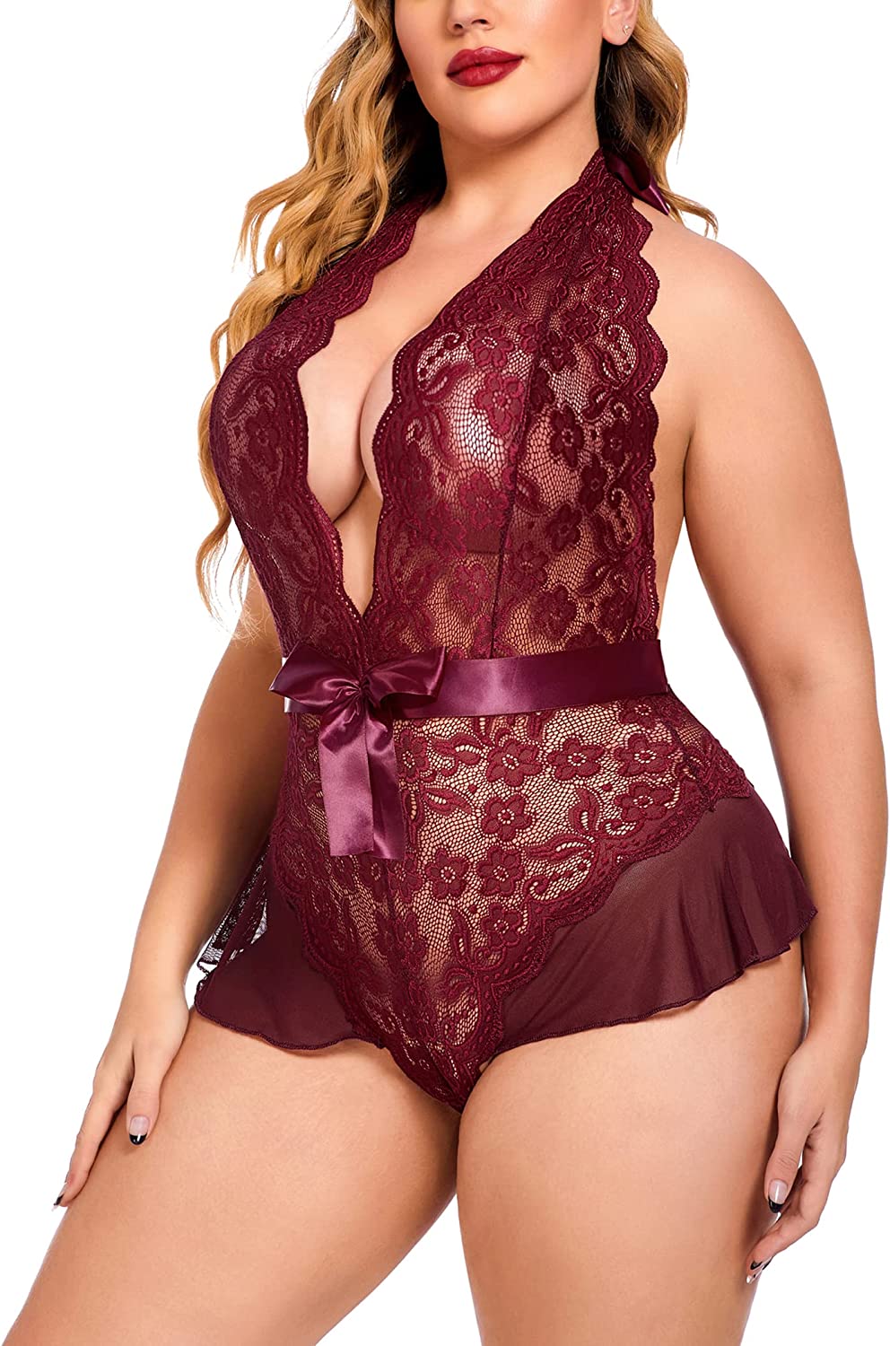 Avidlove Plus Size Lingerie for Deep V Neck Teddy Lingerie Halter Lace Bodysuit Babydoll