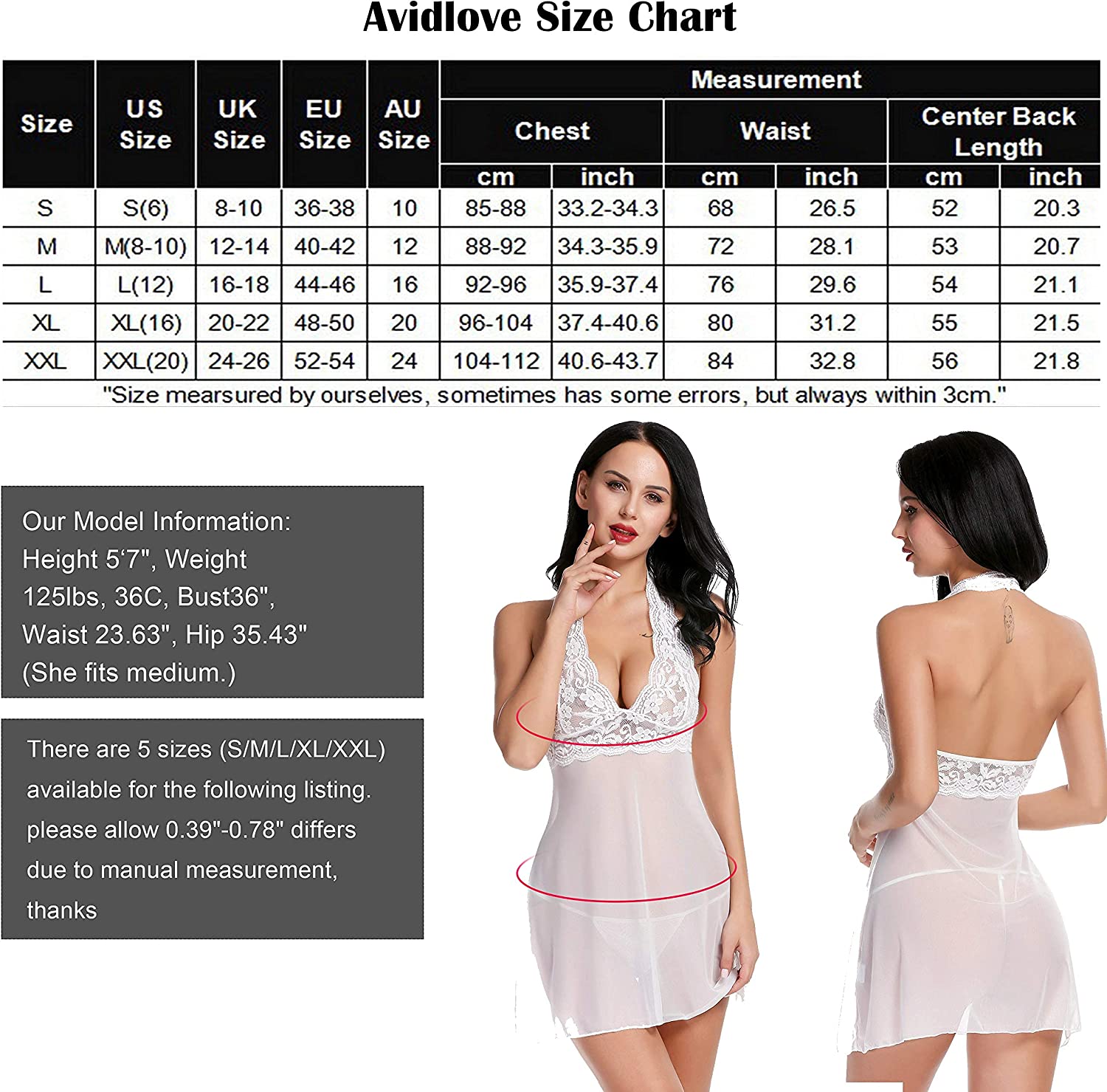 Avidlove Lingerie Halter Chemise Lace Babydoll Mesh Nightwear V Neck Teddy