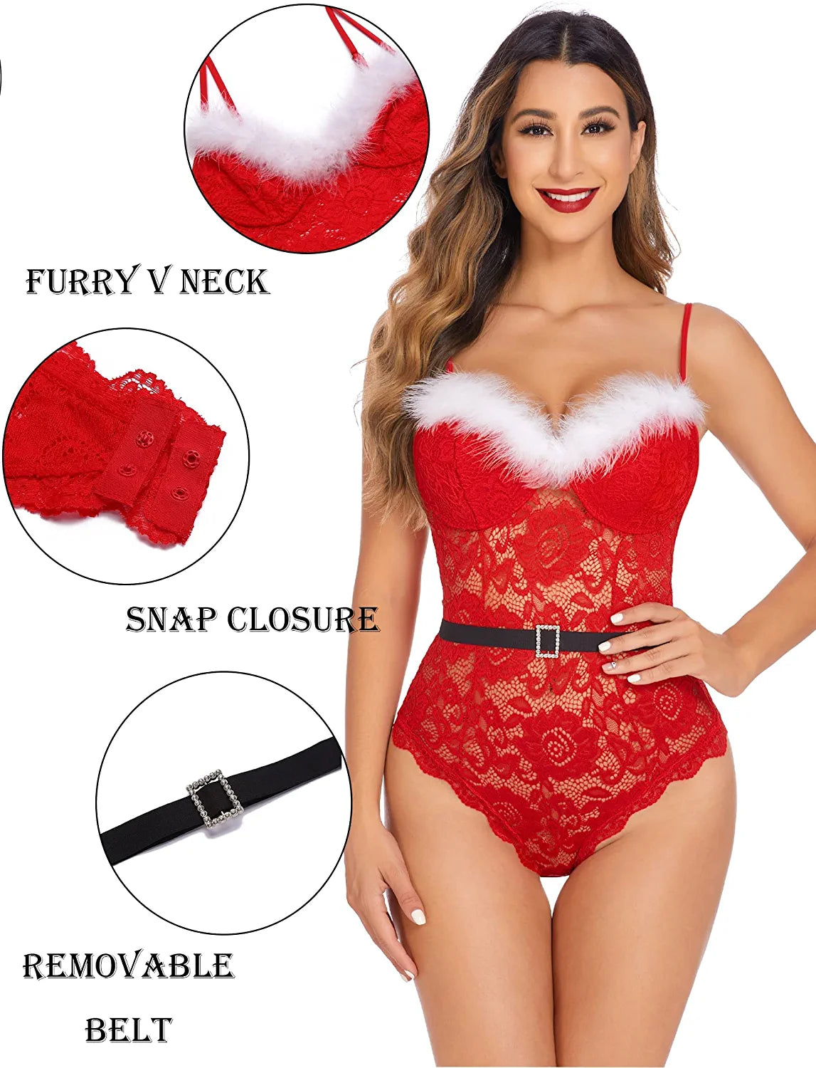 Avidlove Christmas Lingerie Lace Bodysuit Snap Crotch Teddy Lingerie