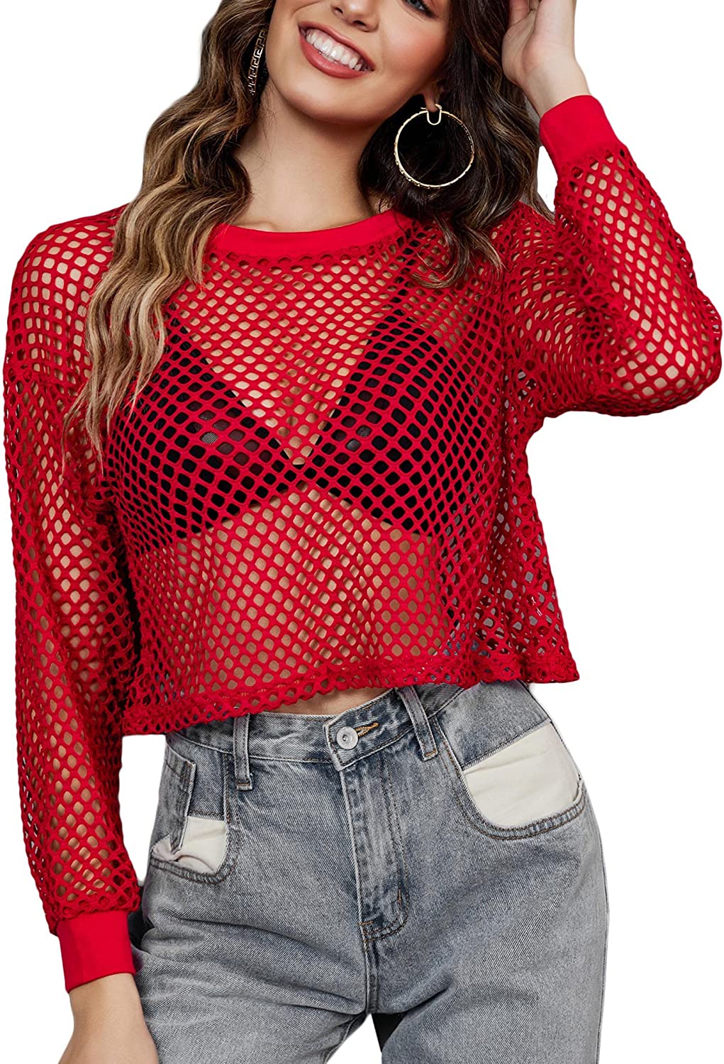 Avidlove Sheer Fishnet Top Long Sleeves Net T Shirts Crop Top