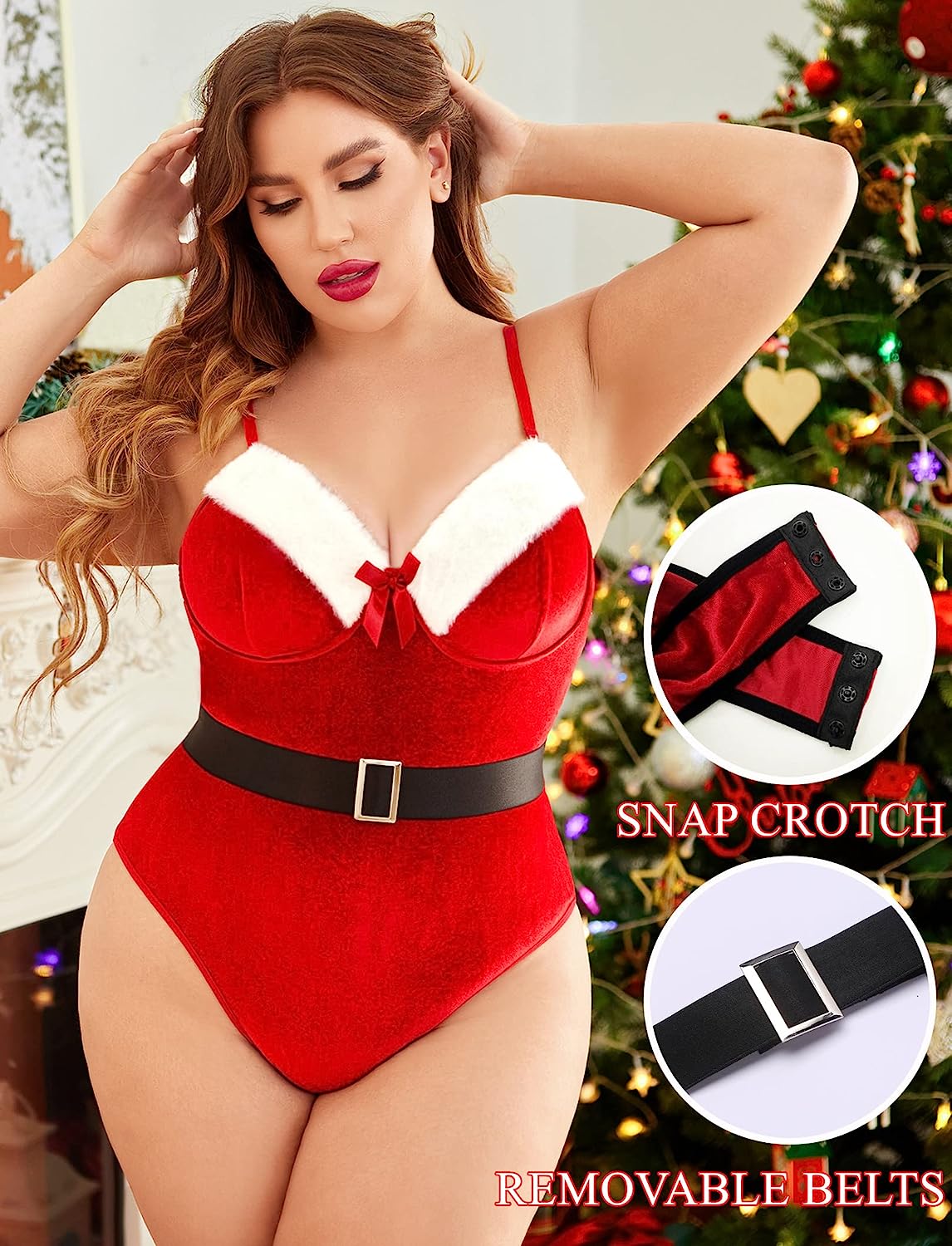 Avidlove Plus Size Christmas Lingerie Teddy Bodysuit One Piece Santa Babydoll with Belt