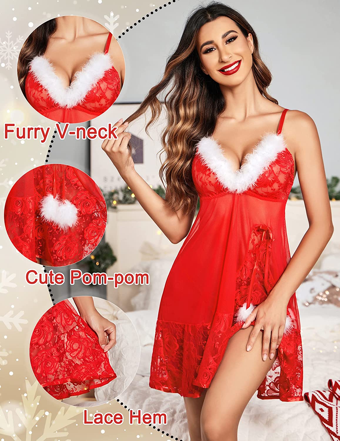 Avidlove Christmas Lingerie Santa Lingerie for Lace Babydolls Chemises Set