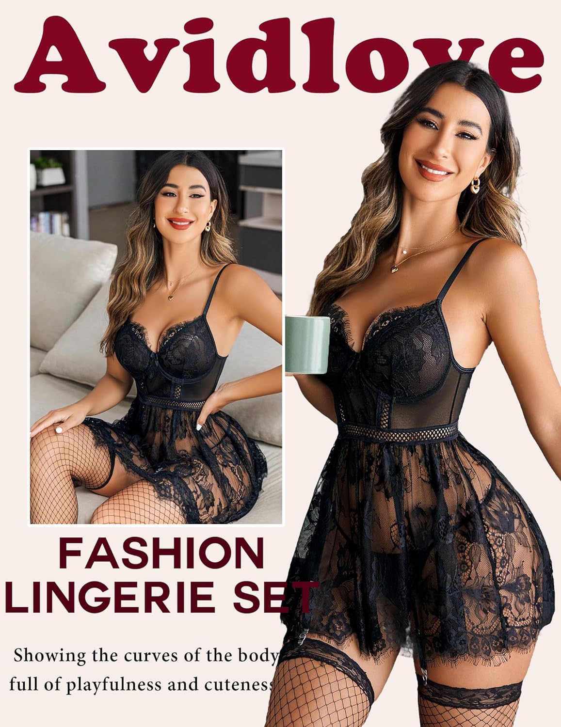 Avidlove Lingerie for Lace babydoll Sleepwear with Garter Belt Slip Dress S-XXL