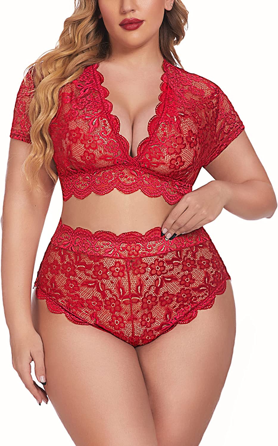 Avidlove Plus Size Lingerie Plus Floral Lace Scallop Trim Lingerie Set Deep V Allover Lace Bra Panties Set Clubwear