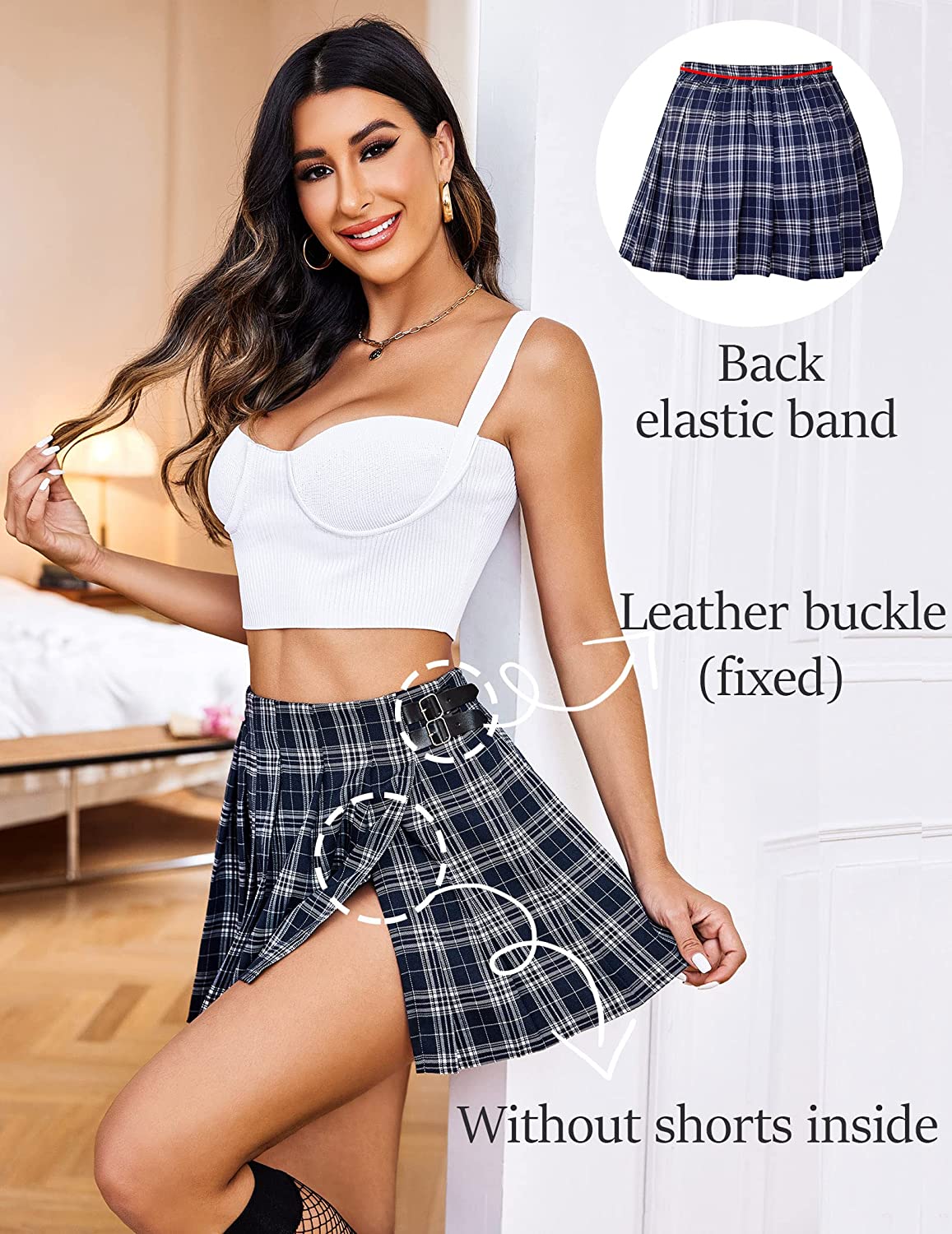 Avidlove Plaid Pleated A-Line High Waist Uniform Mini Skirt with Elastic Band