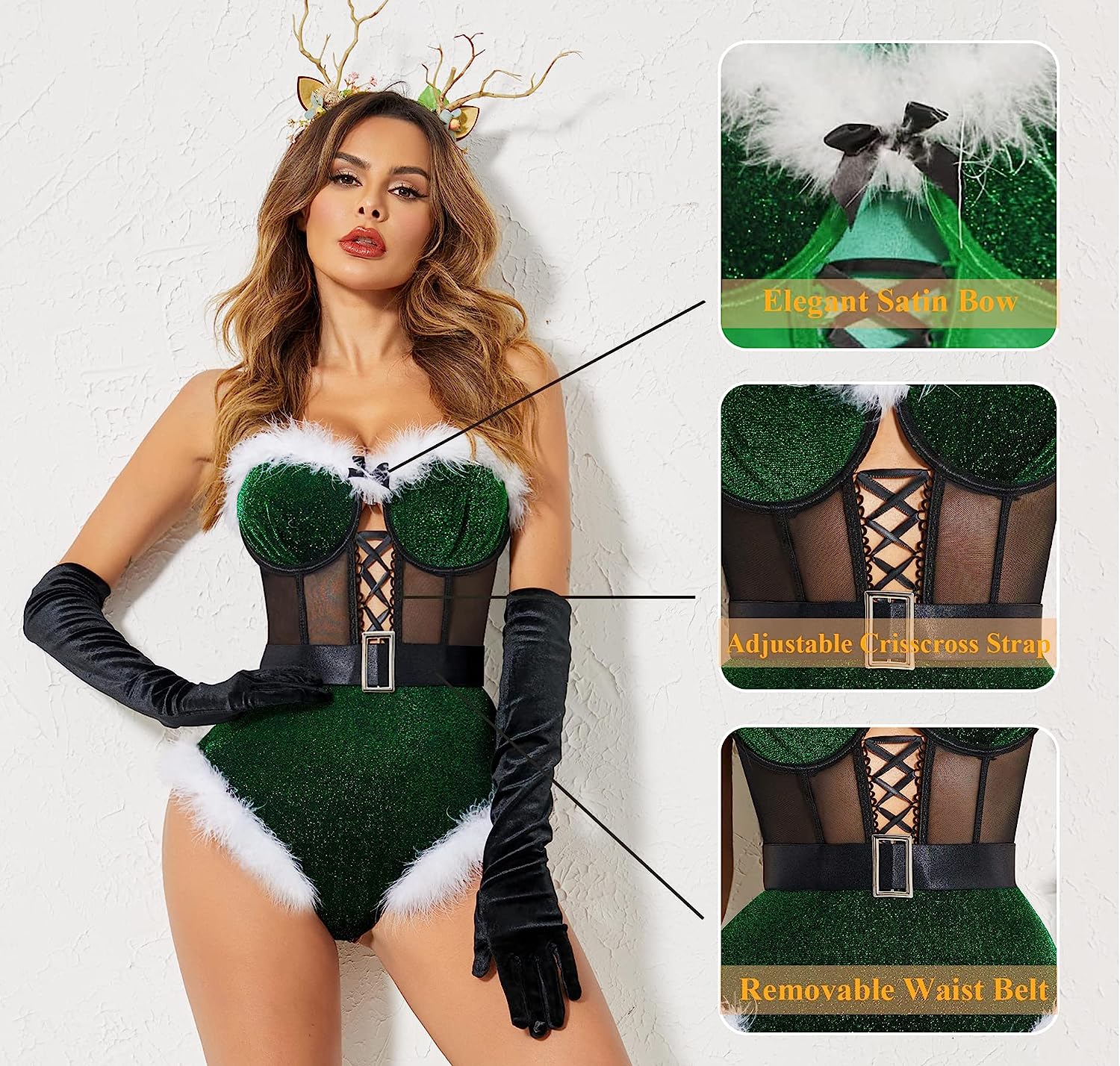 Avidlove Lingerie For Snap Crotch Bodysuit Santa Costumes Deep V Boudior Outfits With Underwire and Belt