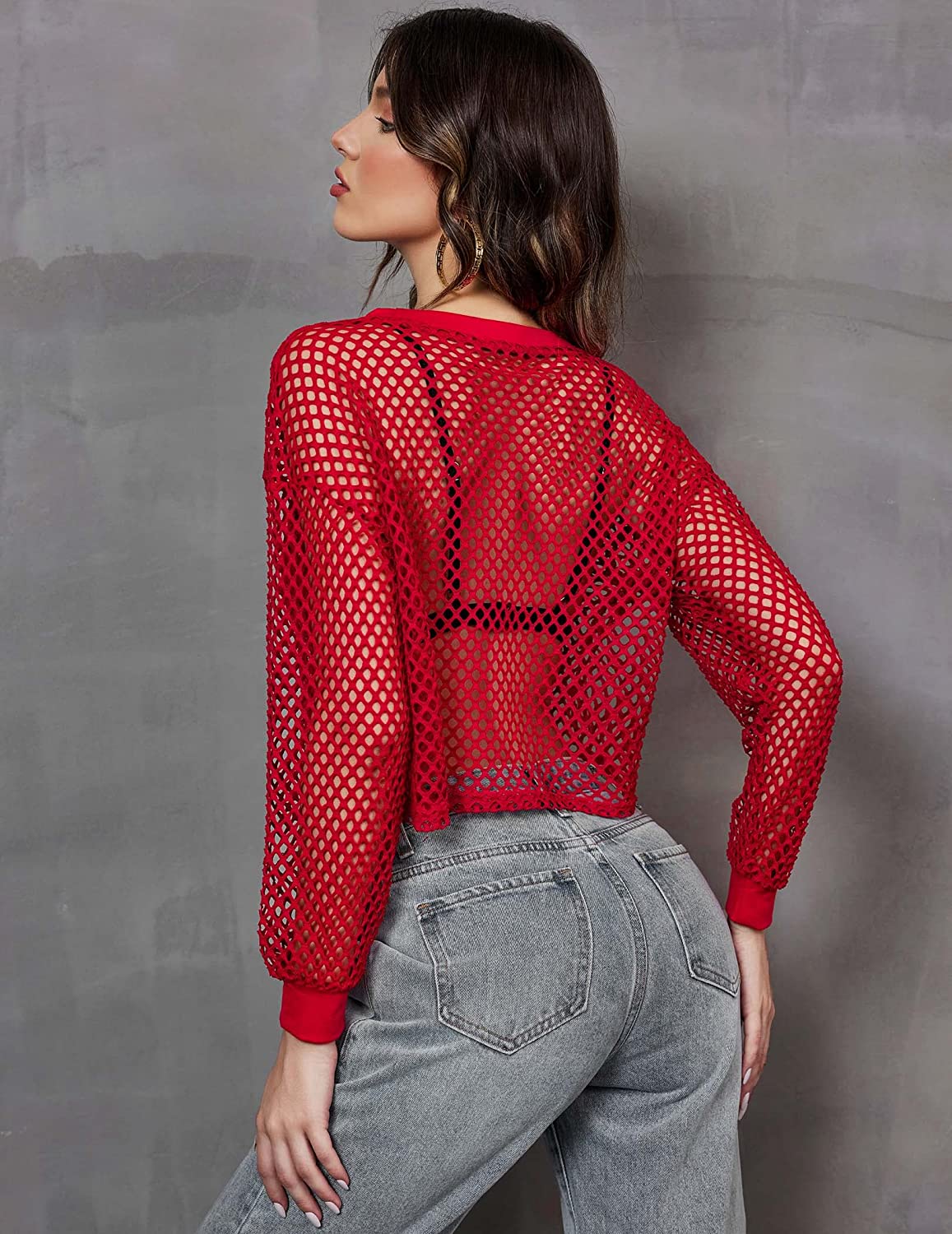 Avidlove Sheer Fishnet Top Long Sleeves Net T Shirts Crop Top