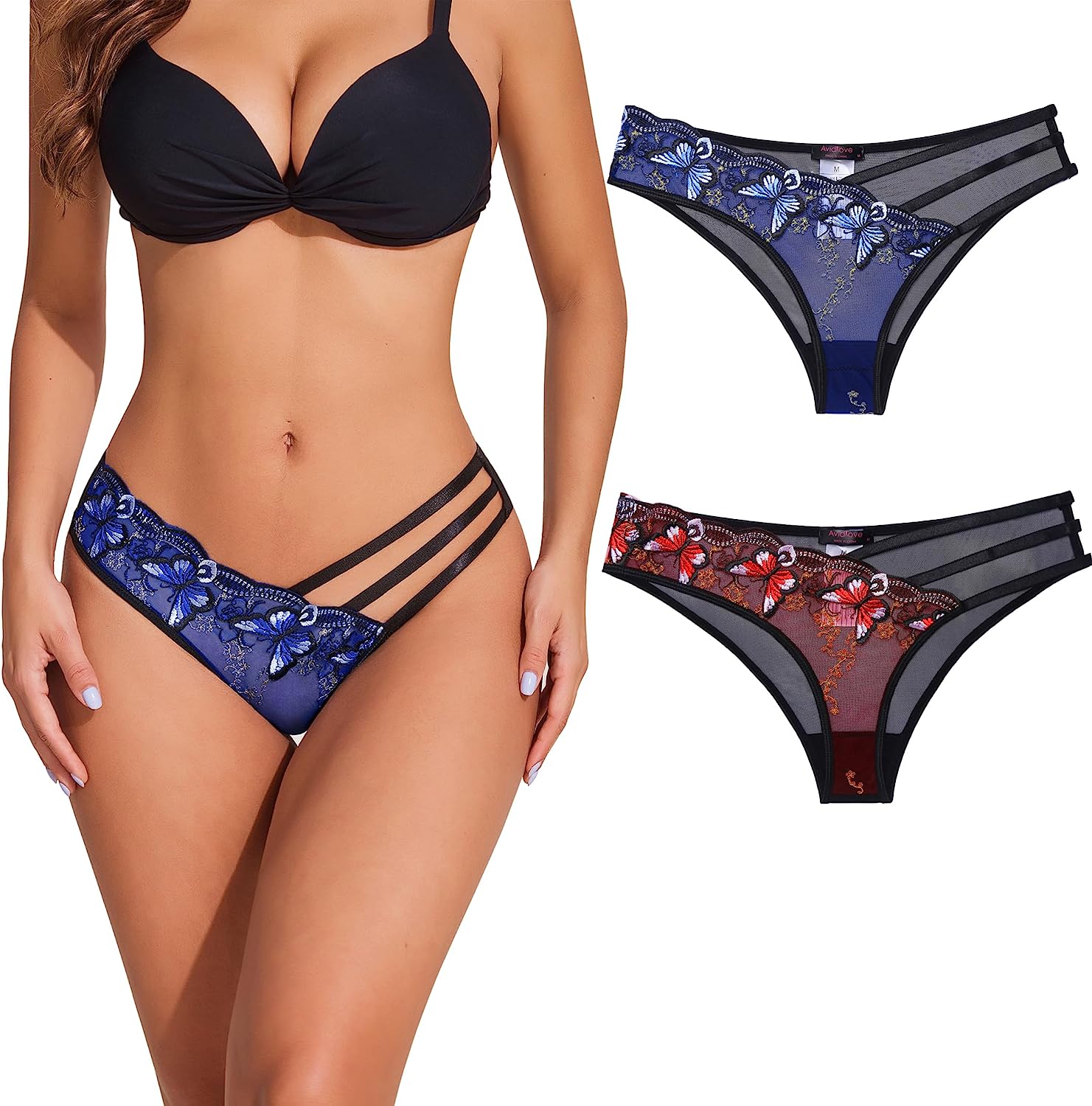 Avidlove Panties for Butterfly Embroidered Underwear Mesh Panties Pack