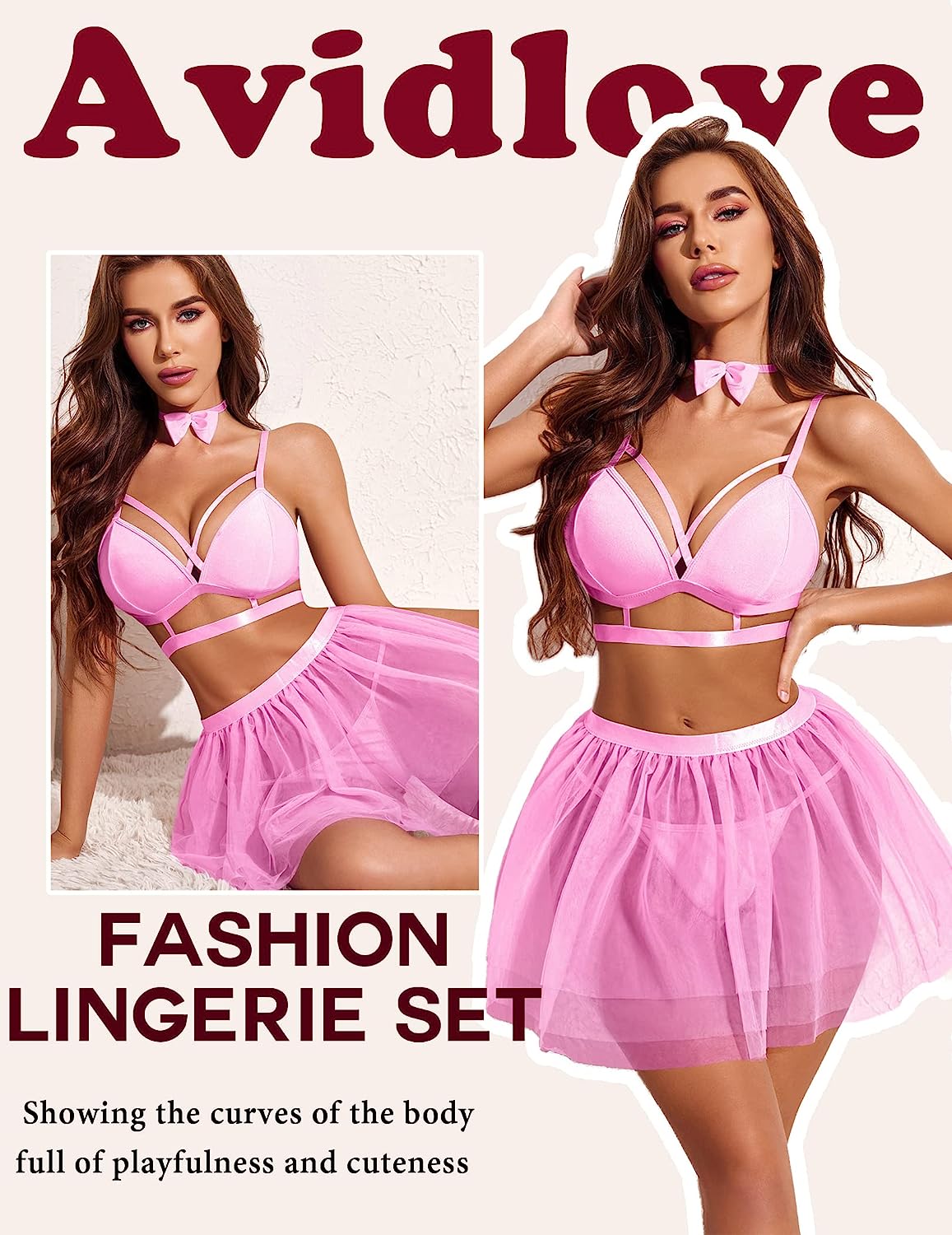 Avidlove Lingerie For Strappy Lingerie With Skirt Set Removable Choker Sleepwear S-XXL