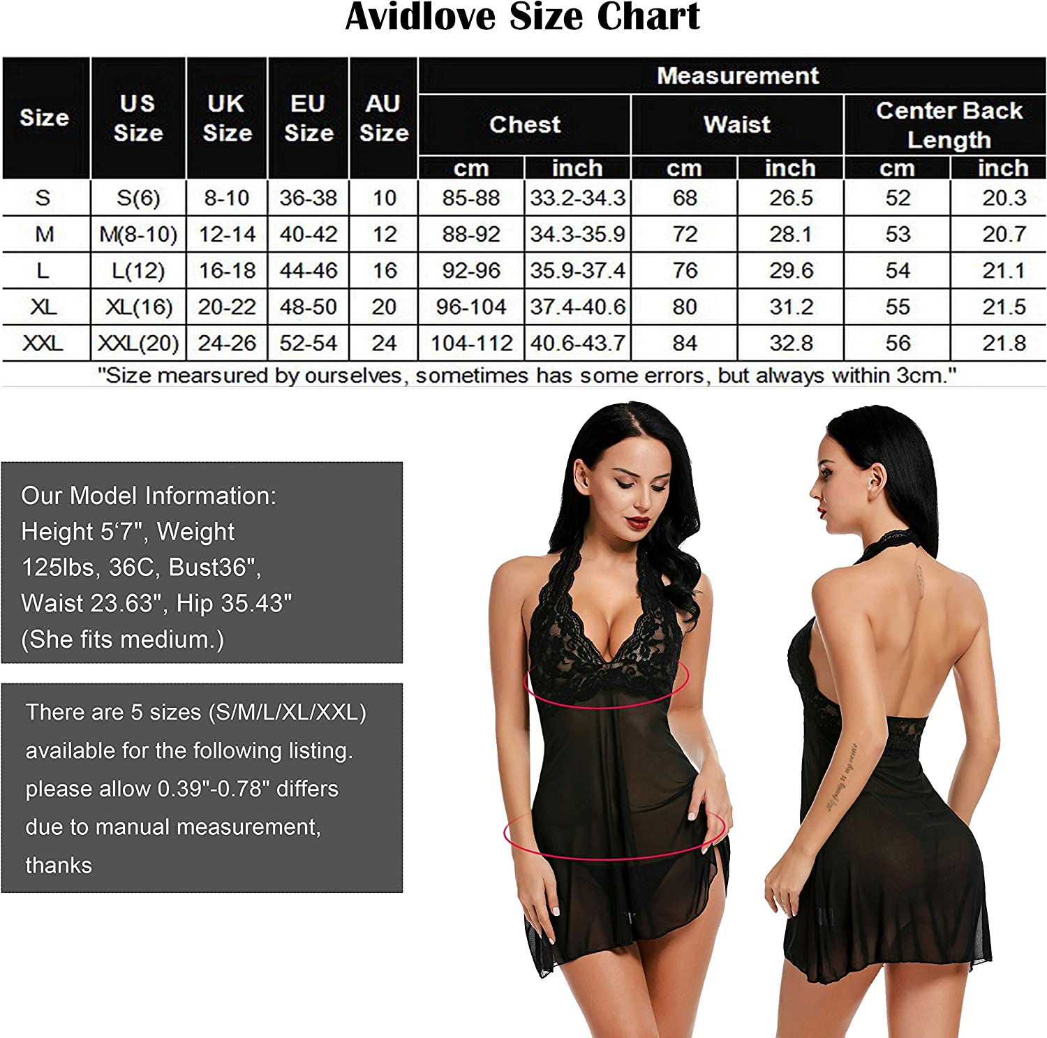 Avidlove Lingerie Halter Chemise Lace Babydoll Mesh Nightwear V Neck Teddy