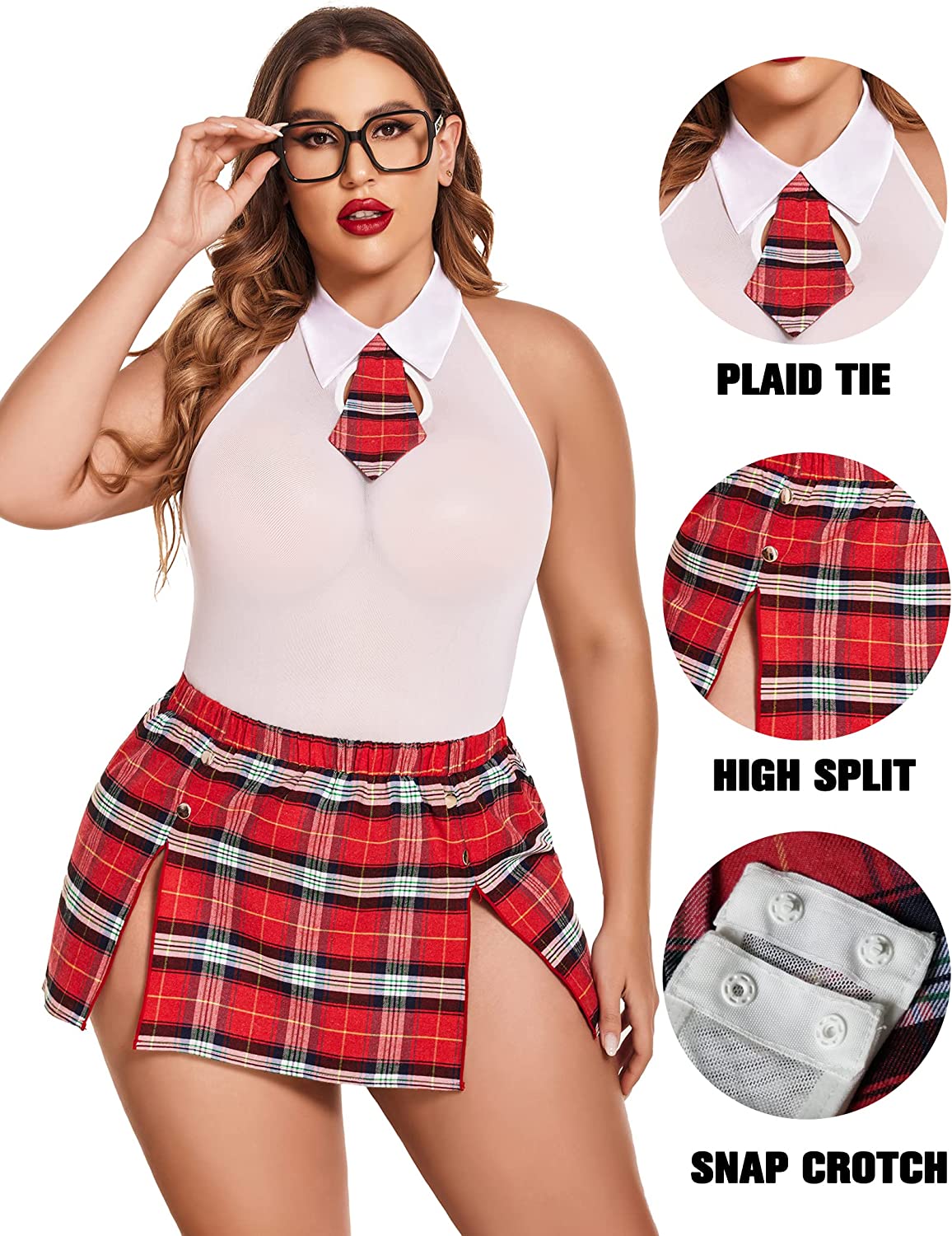 Avidlove Plus Size Lingerie Lingerie Set with Tie Halter Snap Crotch Teddy Bodysuit Plaid Skirt L-4XL