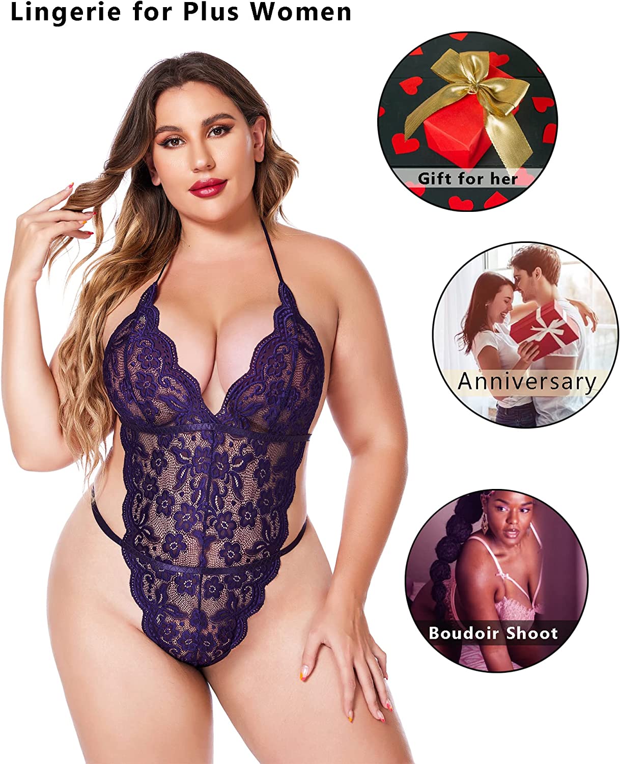 Avidlove Plus Size Lingerie for One Piece Teddy Bodysuit Halter Lingerie