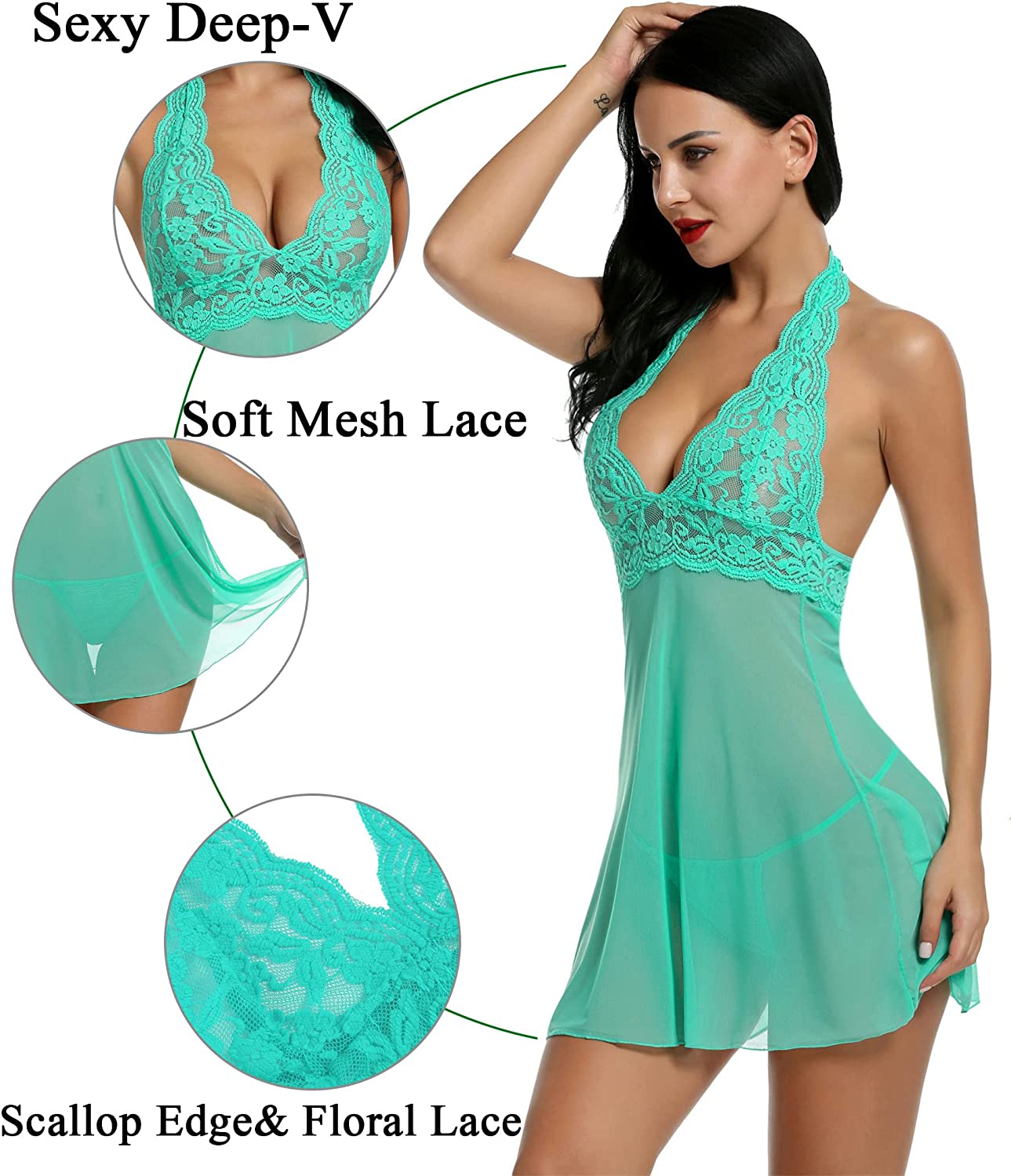 Avidlove Lingerie Halter Chemise Lace Babydoll Mesh Nightwear V Neck Teddy