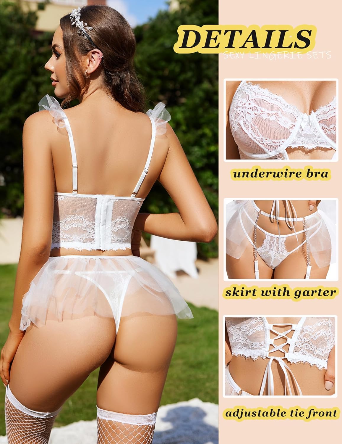 Avidlove Lingerie Sets Garter Sets 3 Piece Underwire Bra and Panty Sets With Mesh Mini Skirts S-XXL